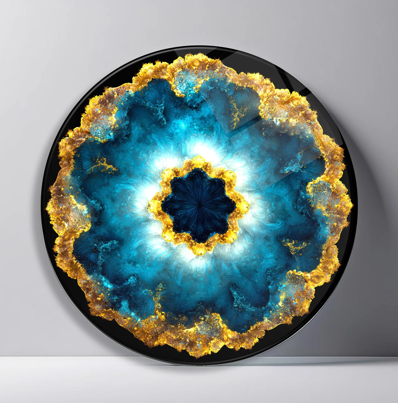 Midnight Teal Geode Round Glass Wall Art featuring glowing teal geode bloom edged with molten gold