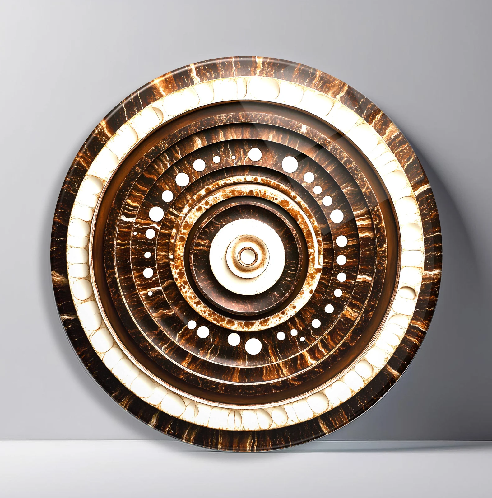 Bronze Mechanical Halo Round Glass Wall Art featuring metallic bronze circles, studs, and light bands arranged concentrically