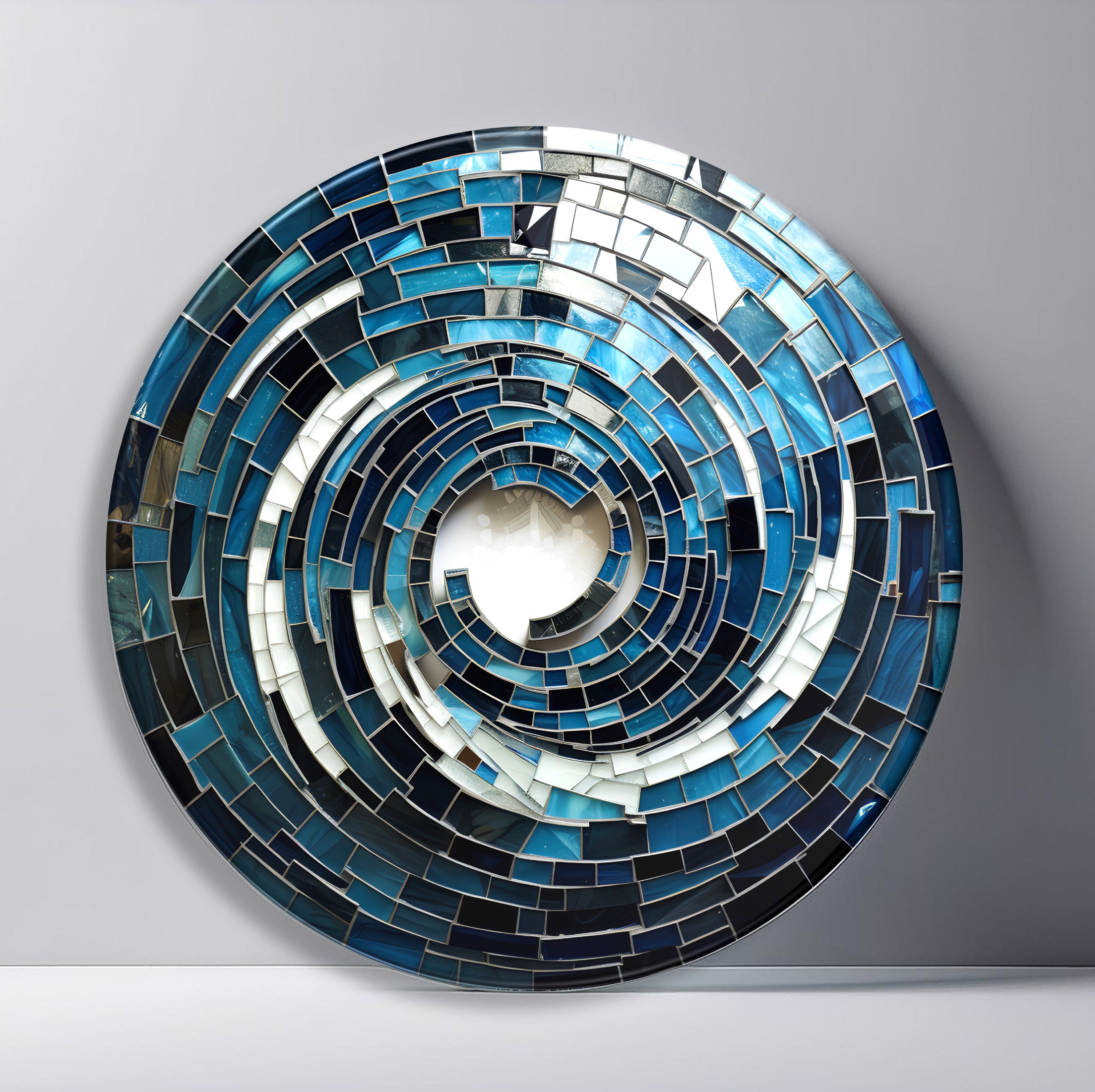 Blue Mirror Spiral Mosaic Round Glass Wall Art featuring blue and silver rectangular mirrors curling around an open center