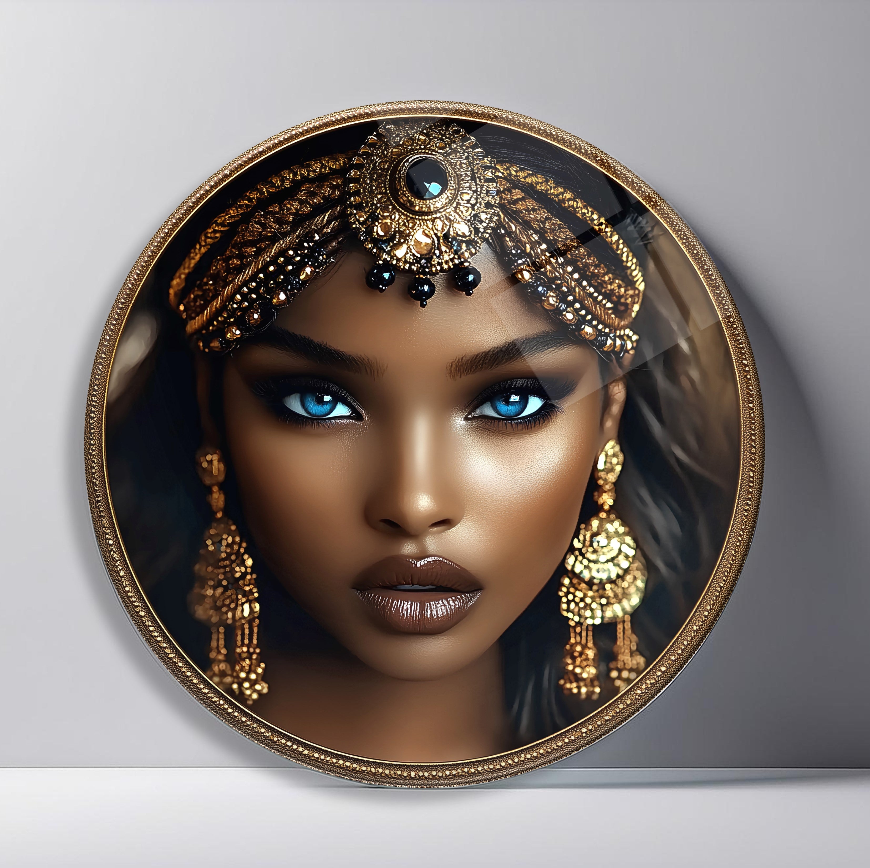 Jeweled Desert Queen Round Glass Wall Art featuring regal dark-skinned woman with striking blue eyes and ornate gold jewelry