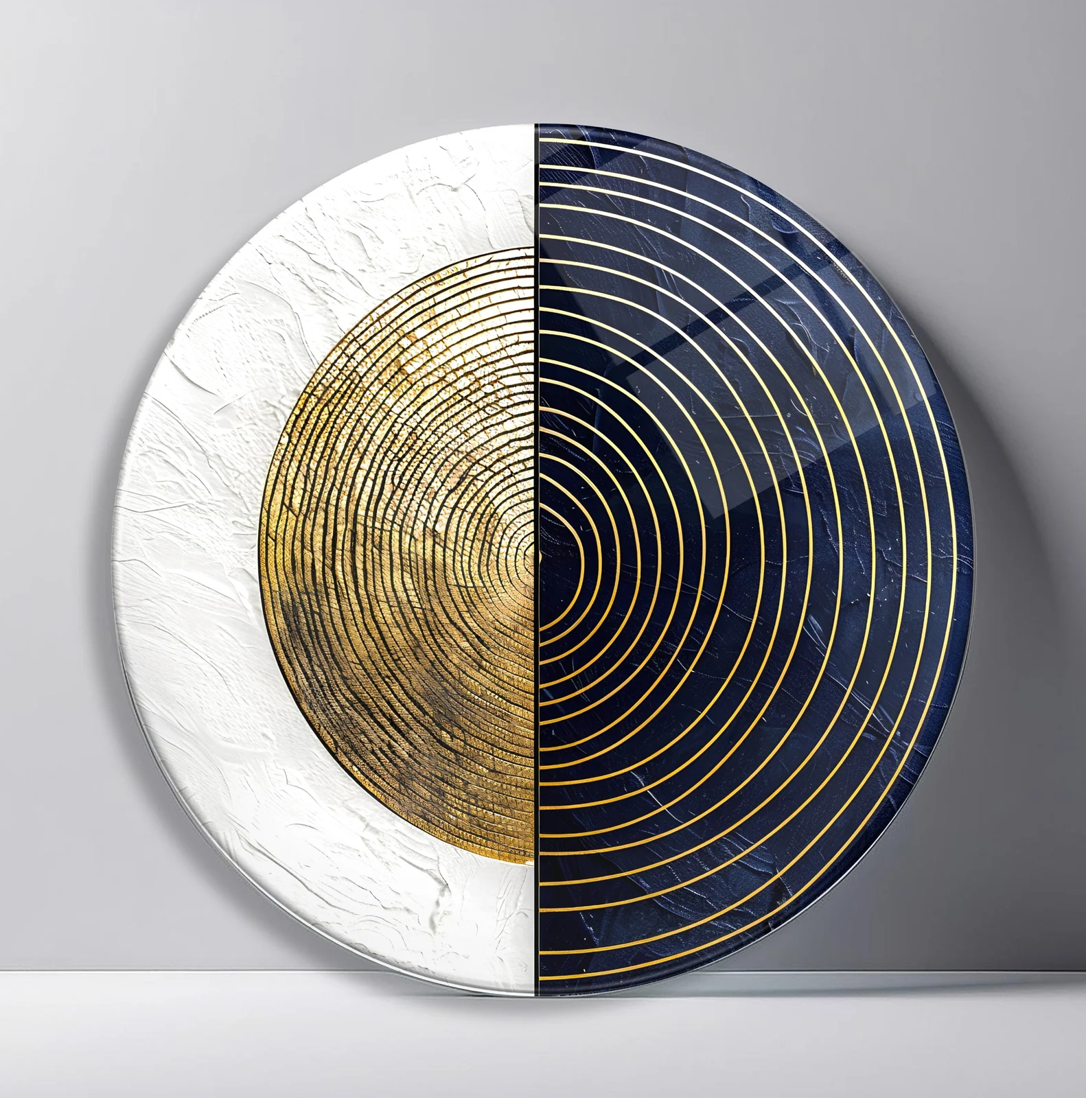 Golden Echoes Navy Round Glass Wall Art featuring split composition of concentric gold circles on white and navy