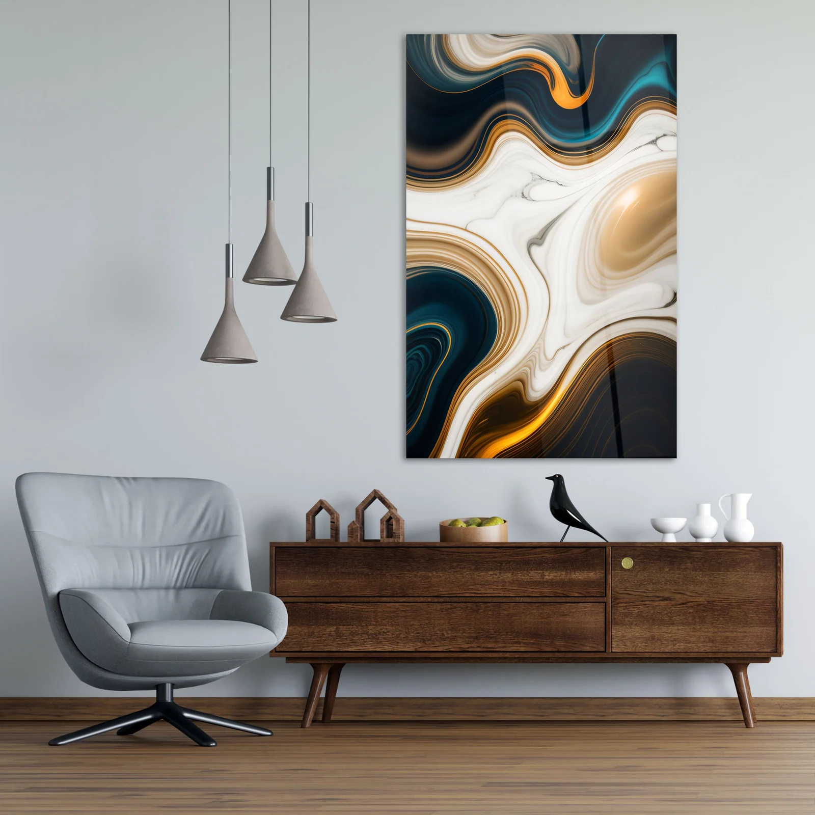 Teal white and gold marble glass wall art shown in a modern living room