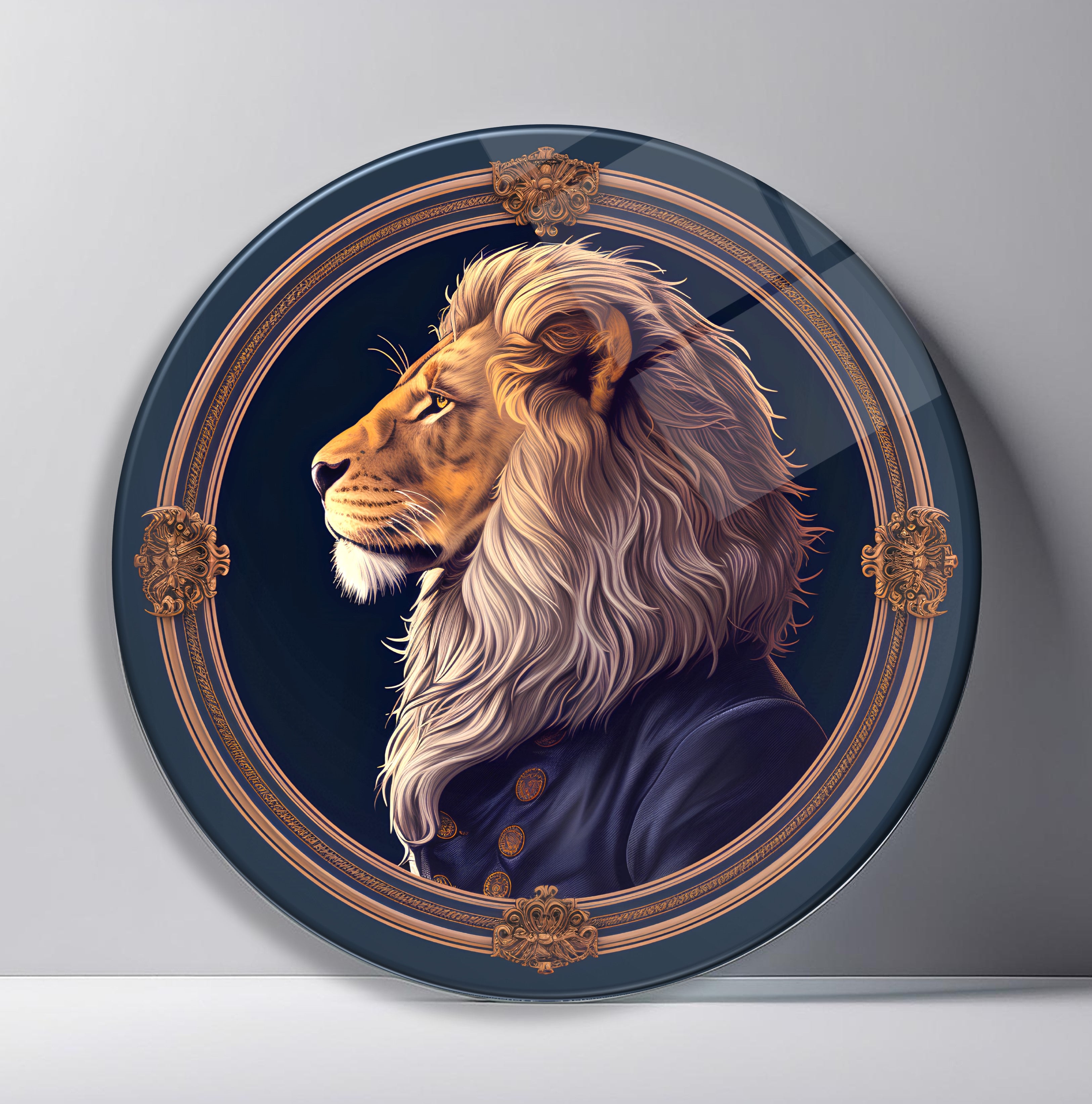 Regal Lion in Navy Gold Frame Round Glass Wall Art front view, leaning against a neutral wall