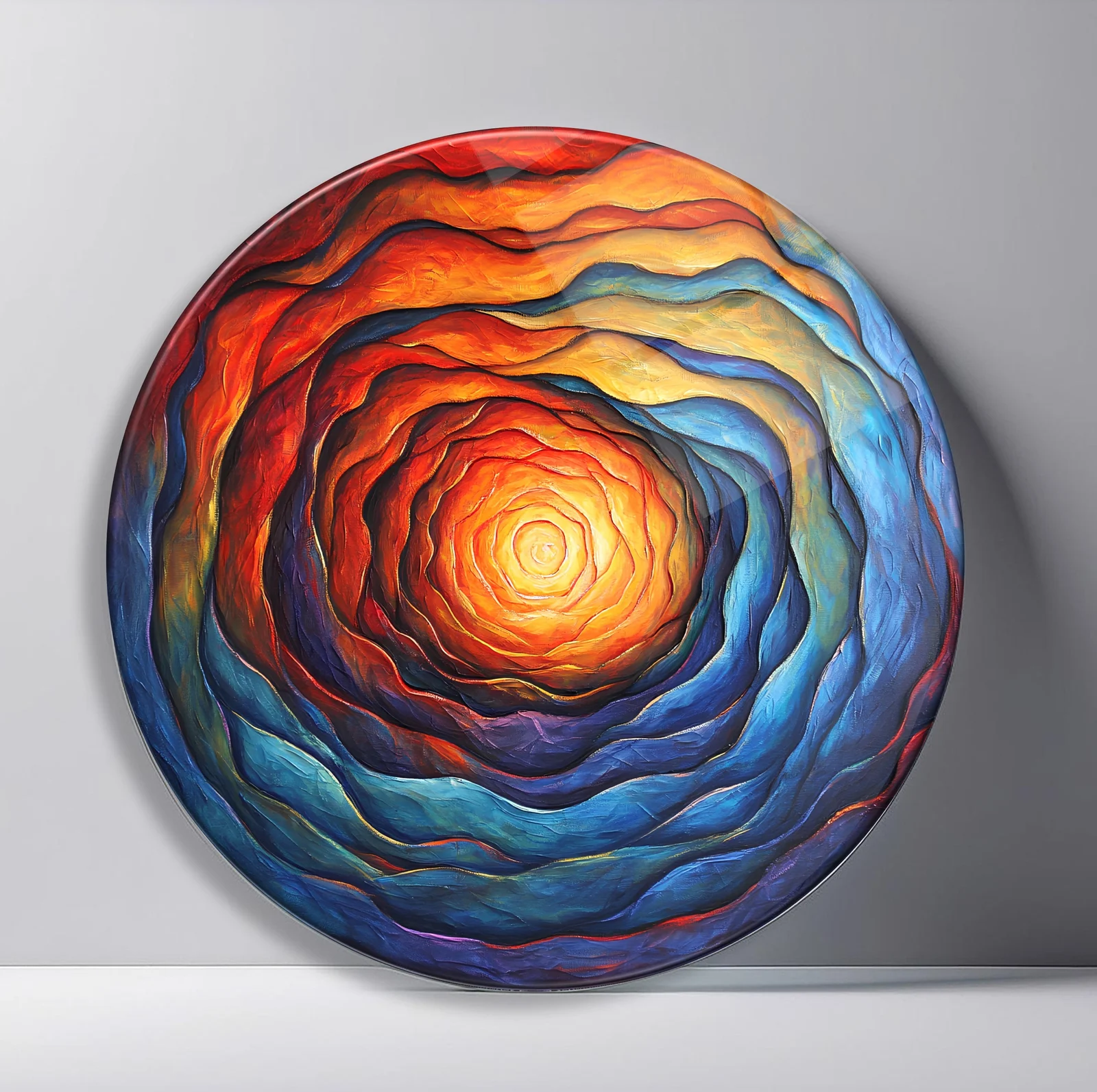Layered Sunset Rose Round Glass Wall Art featuring concentric painted layers forming a glowing rose-like sunset center