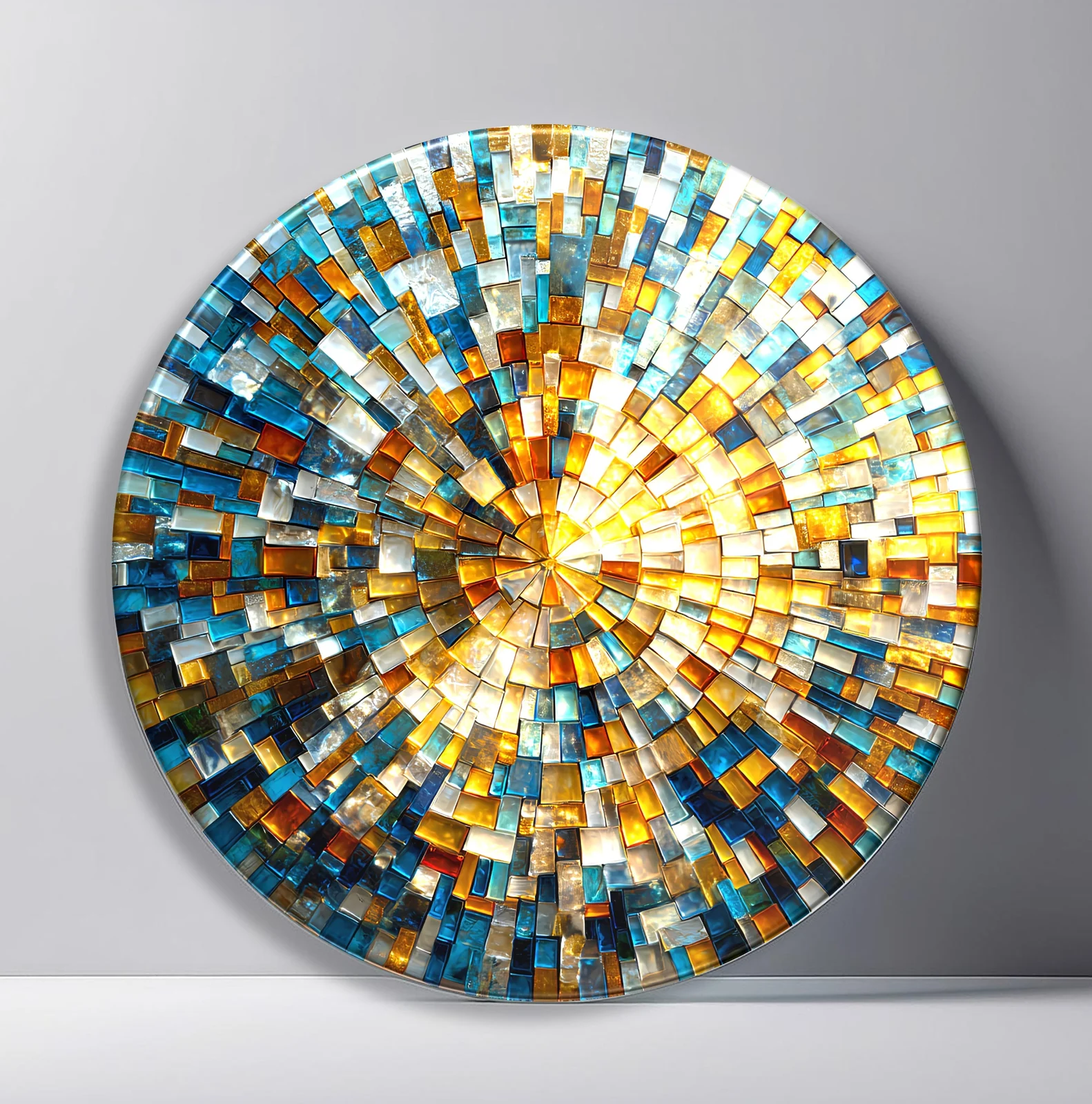 Golden Blue Mosaic Radiance Round Glass Wall Art featuring dense blue and gold tile rays expanding from a warm center