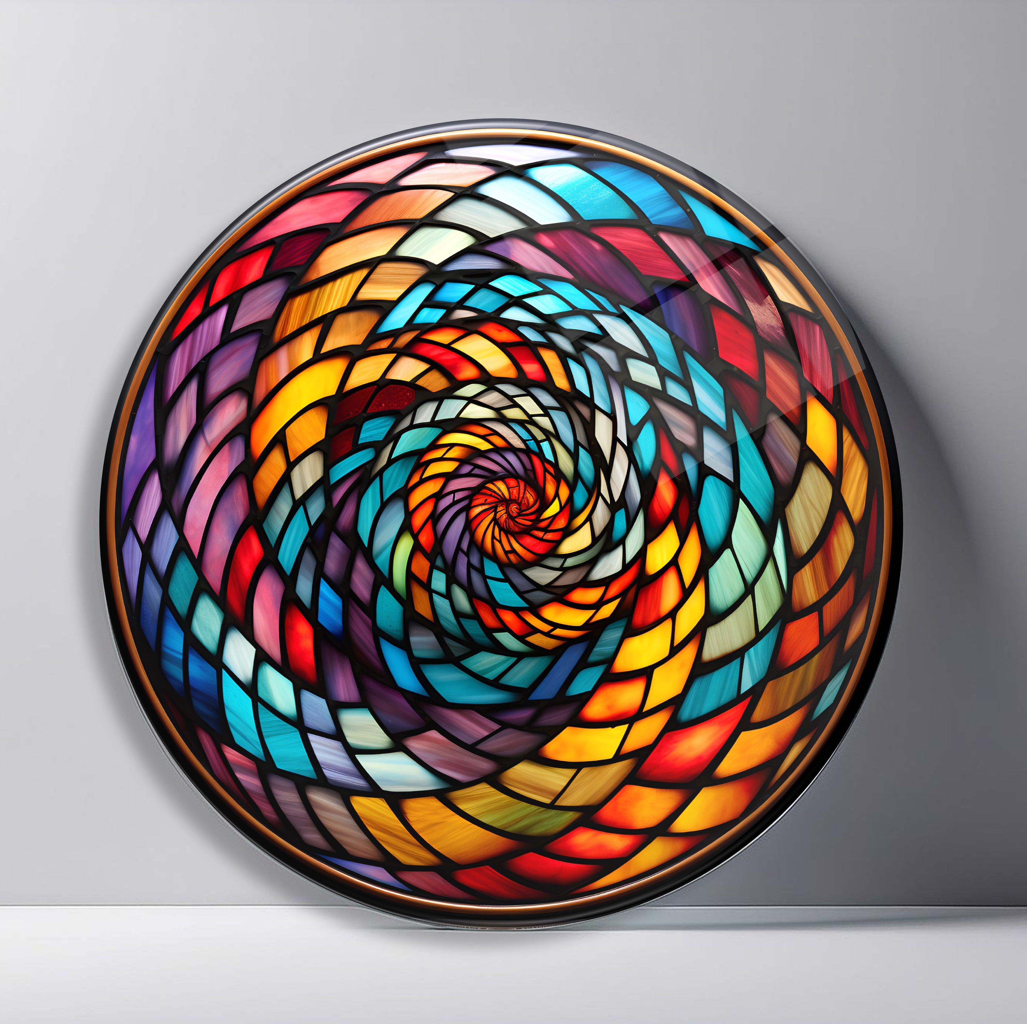 Kaleidoscope Glass Vortex Round Wall Art featuring multicolor stained-glass ribbons spiraling tightly inward