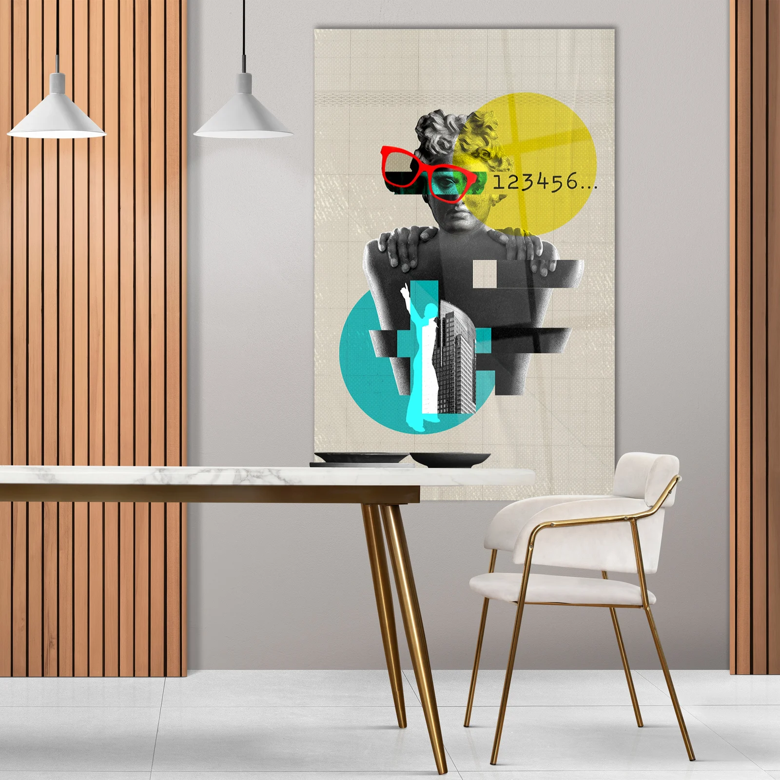 Statue in sunglasses collage glass wall art shown in a modern living room