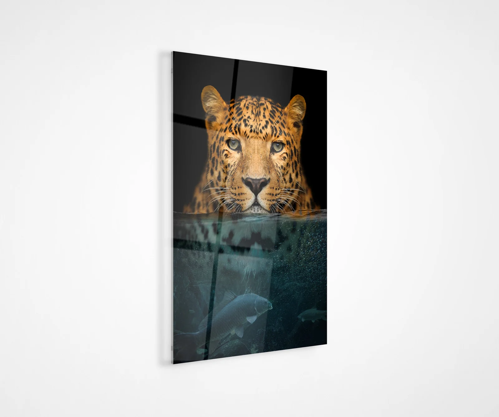 Surreal leopard half in water glass wall art featured in a home office