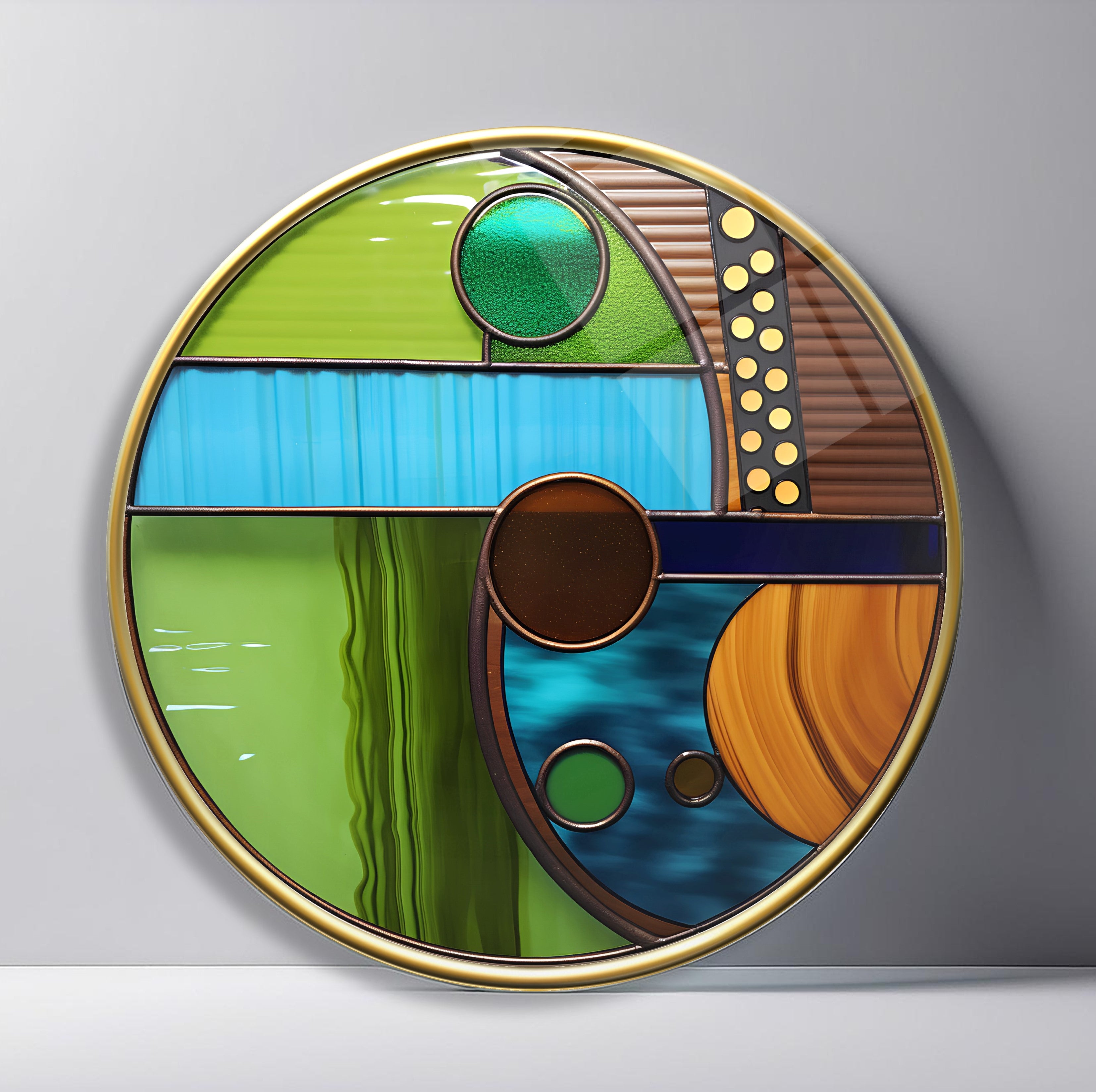 Playful Mid-Century Geometry Round Glass Wall Art featuring stacked circles, arcs, stripes, and blocks in fresh retro colors