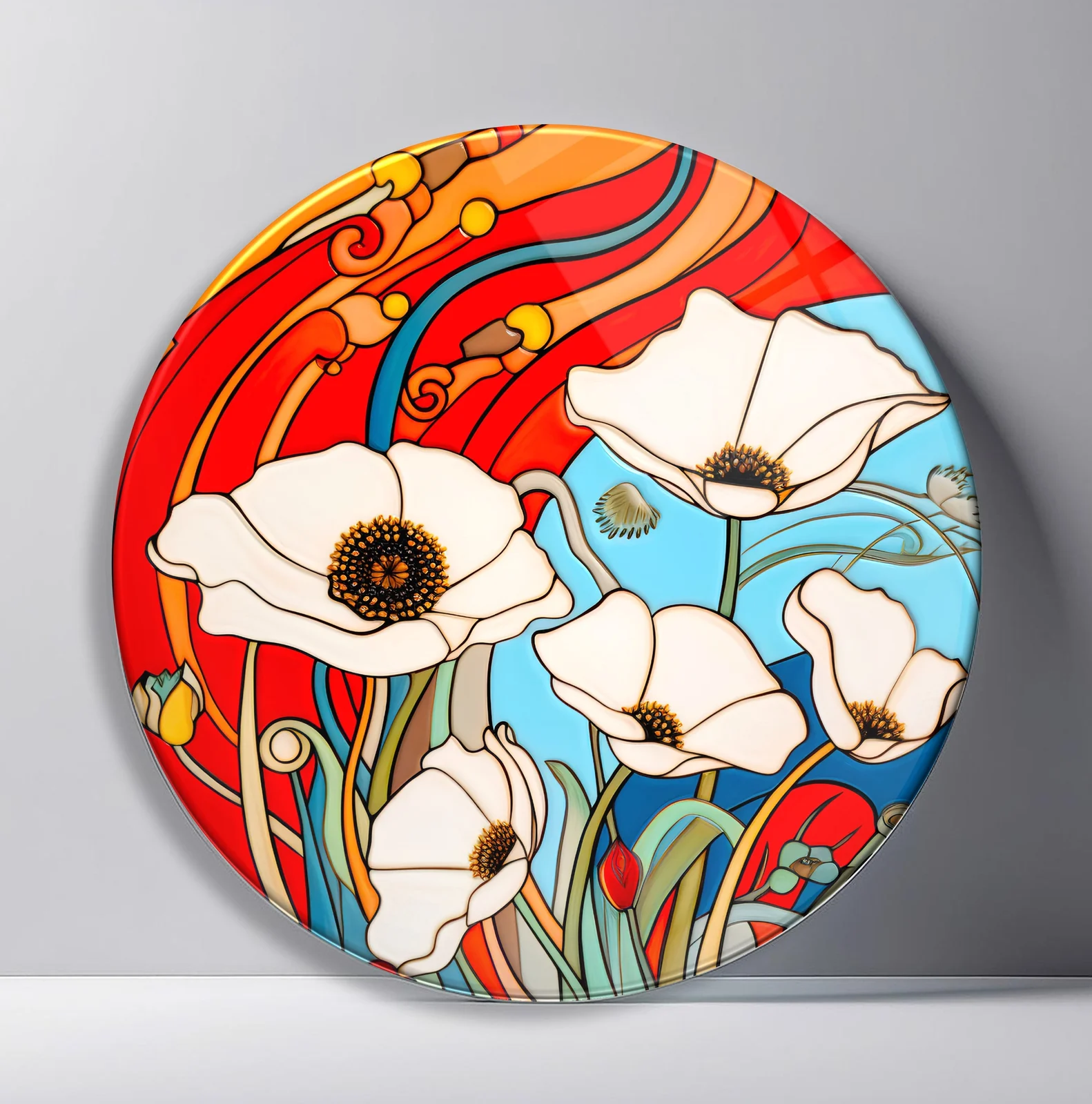 Scarlet Poppy Rhythm Round Glass Wall Art featuring white poppies set against sweeping scarlet and turquoise curves