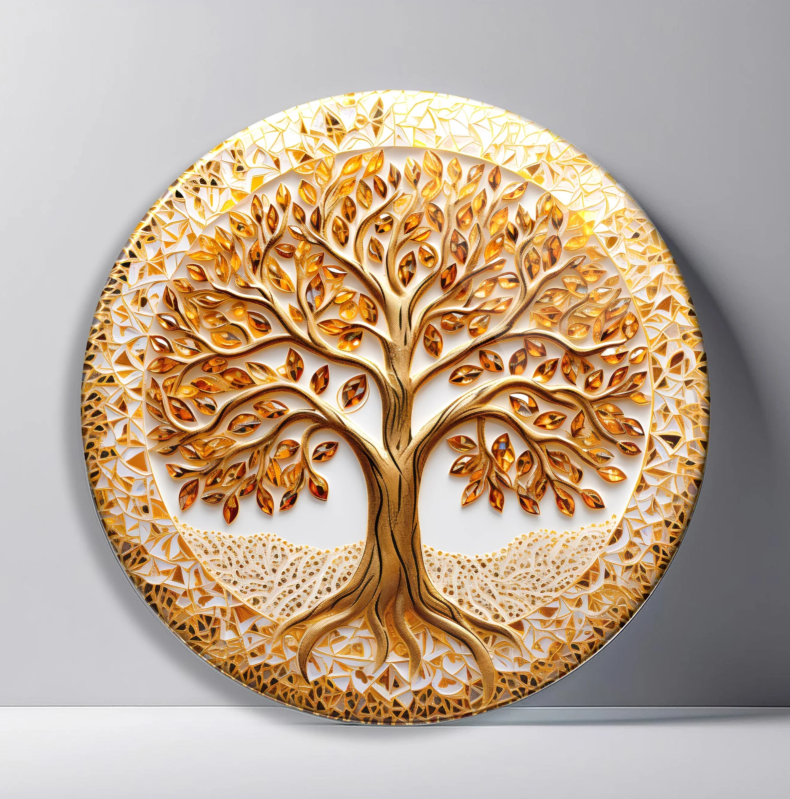 Ivory Golden Tree of Life Round Glass Wall Art featuring ornate sculptural tree framed by intricate ivory and gold filigree