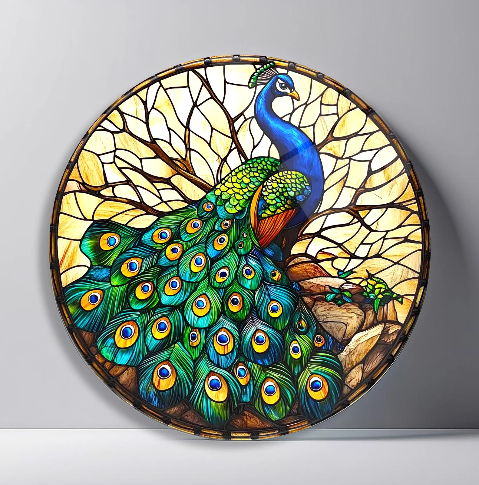 Emerald Peacock in Sunlit Branches Round Glass Wall Art featuring green and blue peacock displaying its tail among golden branches