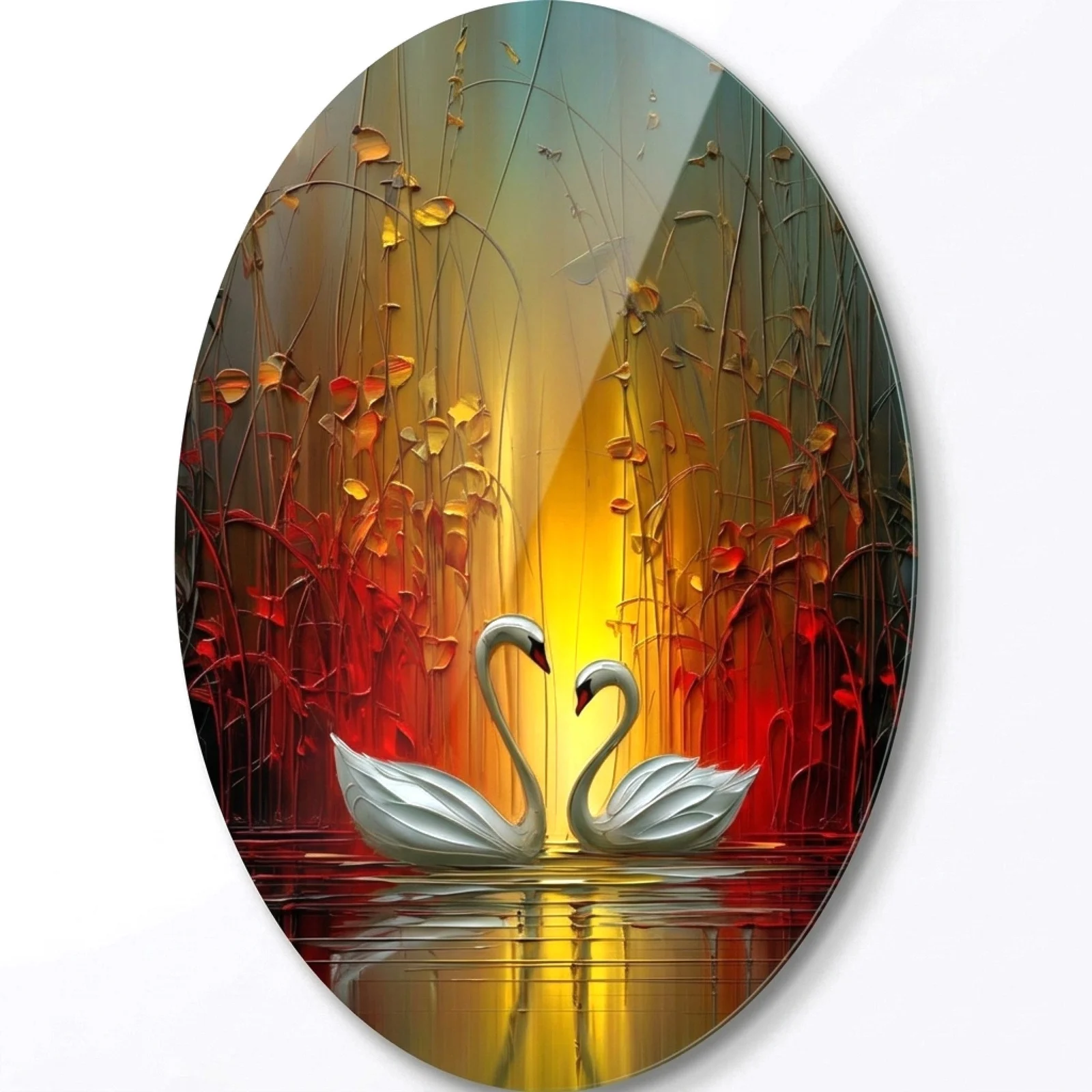 Swan Pair at Sunset Oval Glass Wall Art, front product view on a neutral background