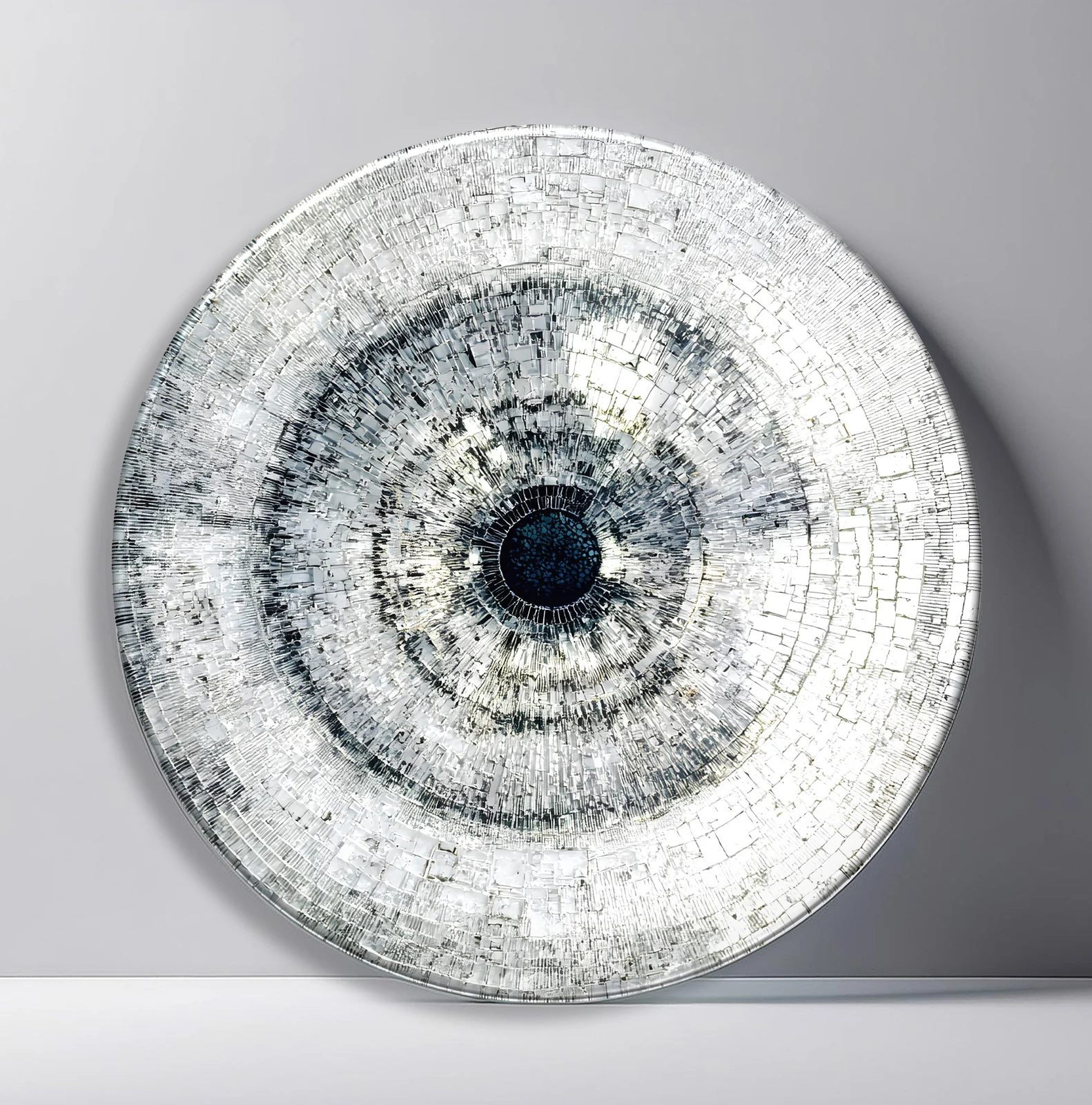 Silver Frost Mosaic Eye Round Glass Wall Art featuring white and silver textured rings surrounding a deep dark center