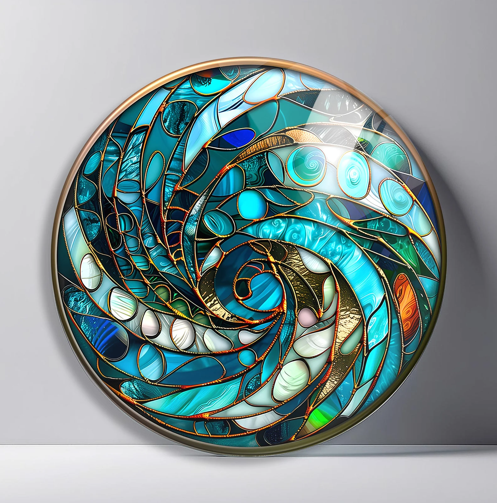 Ocean Spiral Mosaic Round Glass Wall Art featuring flowing turquoise, pearl, and bronze segments twisting inward