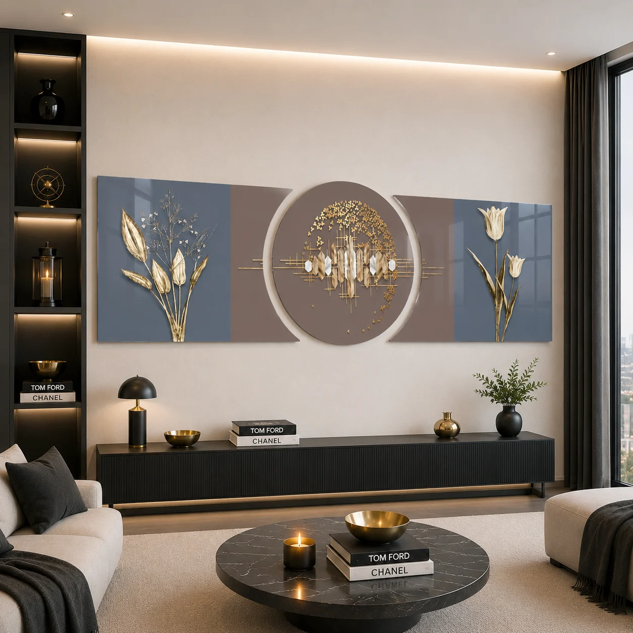 Golden Floral Chandelier Custom-Cut Three-Piece Glass Wall Art, displayed above a console in a warm modern living room