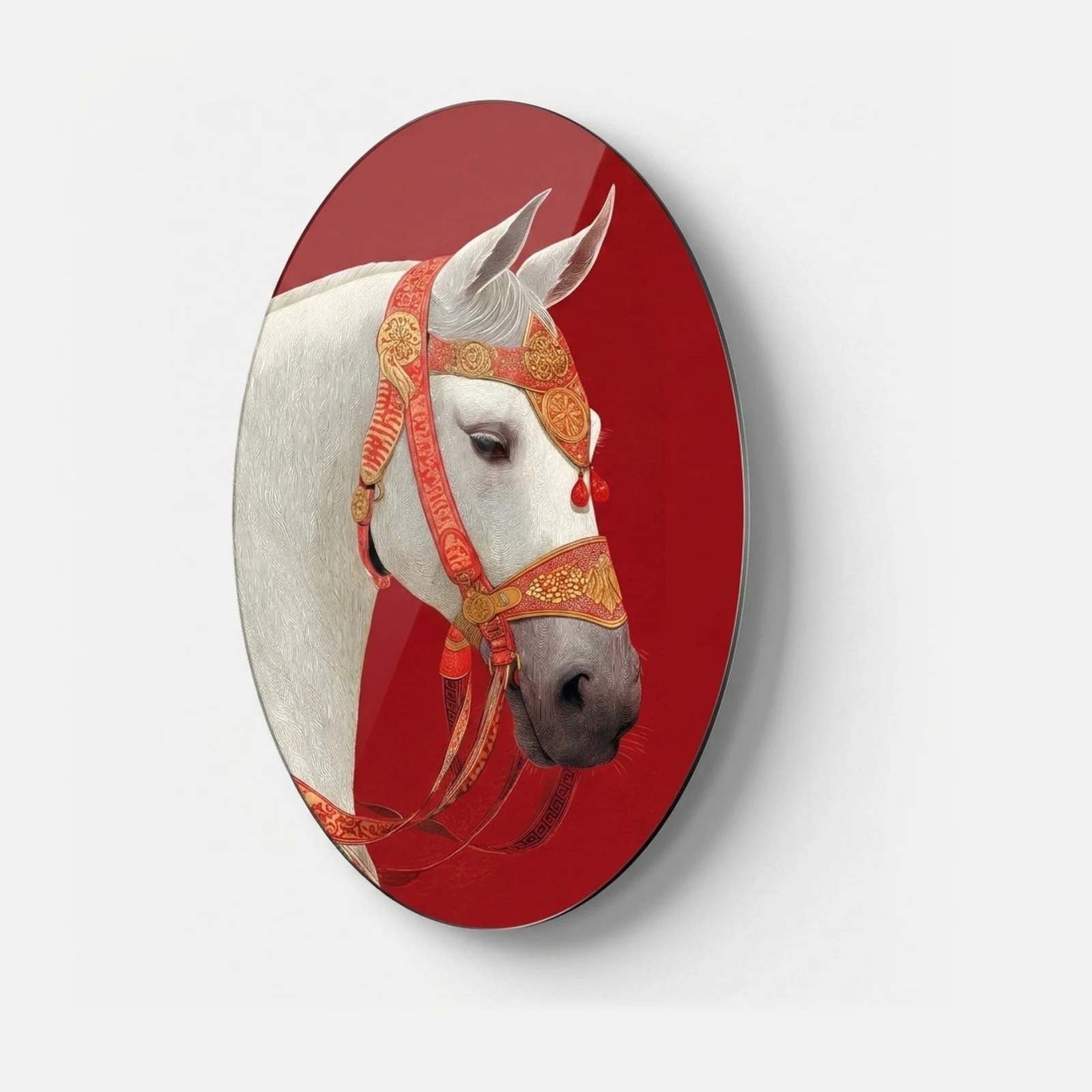 Regal White Horse on Red Oval Glass Wall Art, front product view on a neutral background