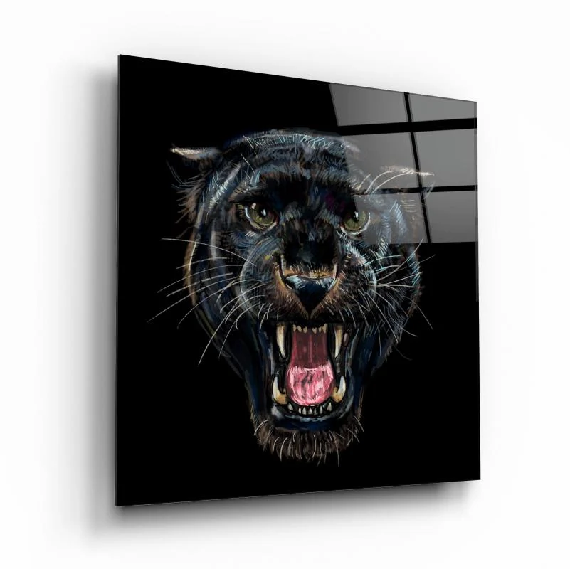 Roaring Black Panther Square Glass Wall Art, front angled view