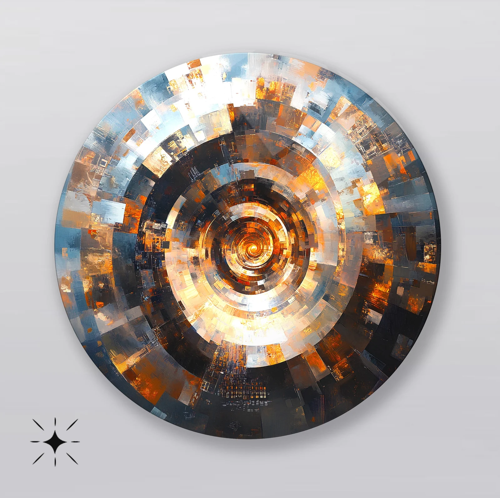 Copper Pixel Orbit Round Glass Wall Art featuring faceted copper, silver, and blue blocks forming concentric rings