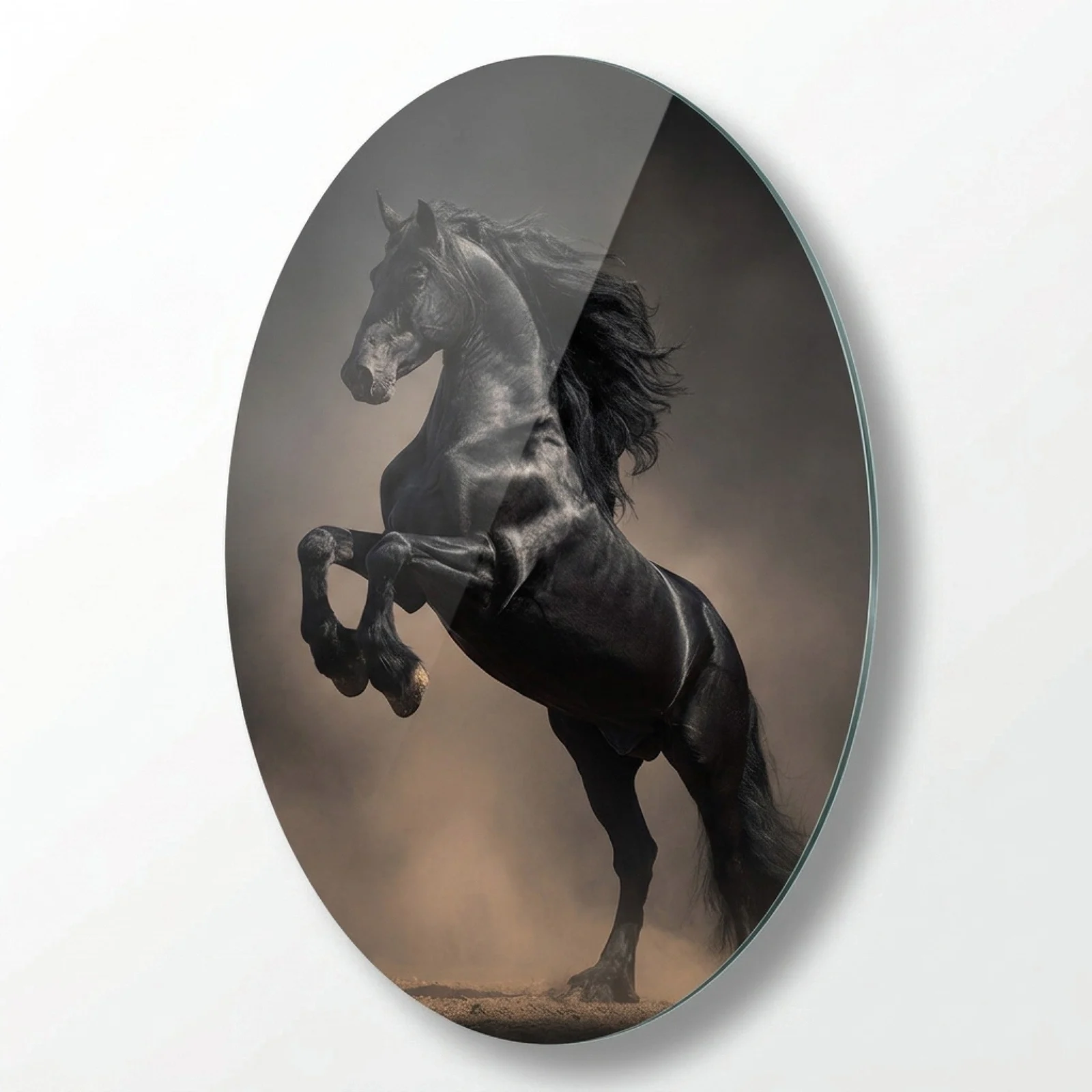 Black Rearing Horse Oval Glass Wall Art, front product view on a neutral background