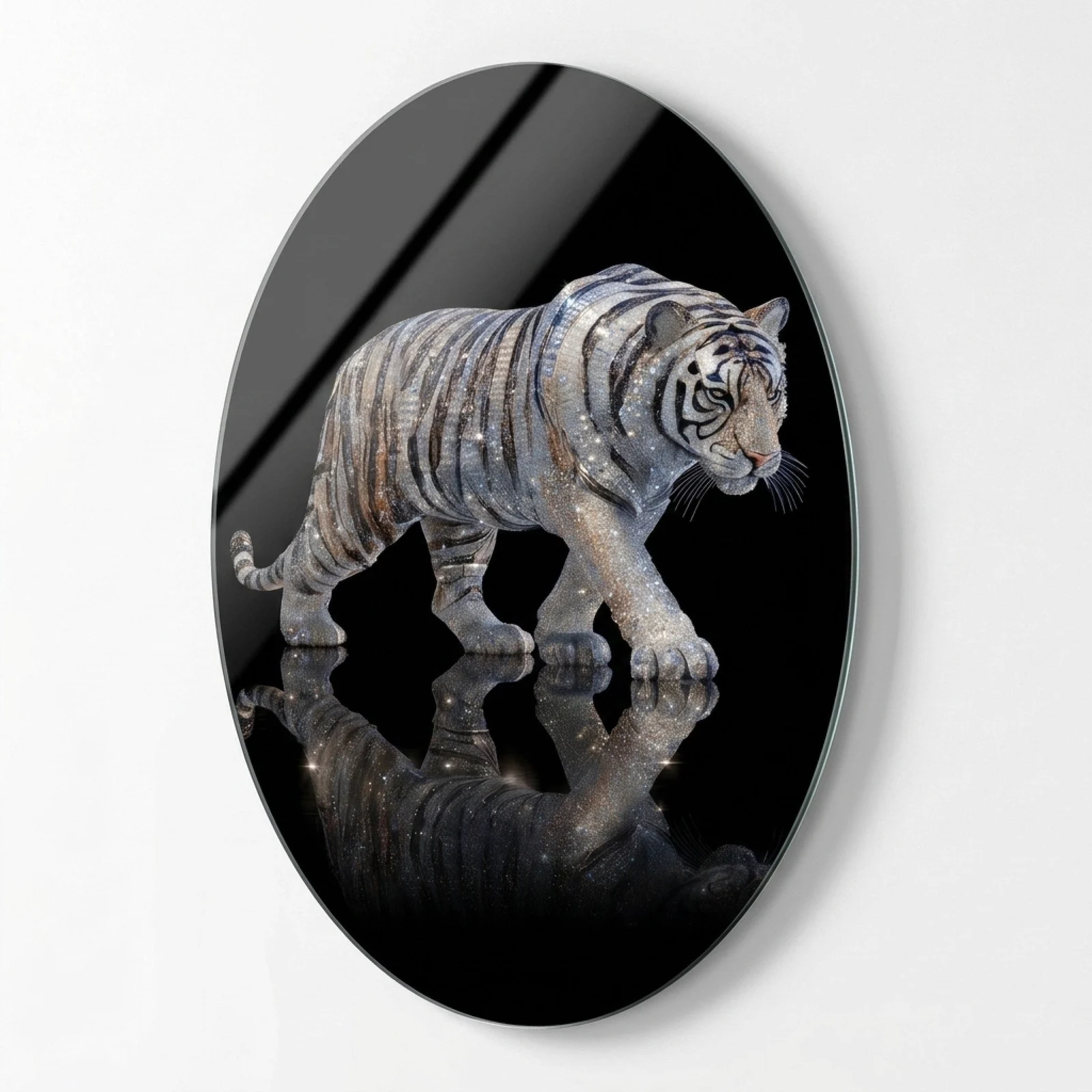 Crystal Tiger Sculpture Oval Glass Wall Art, front product view on a neutral background