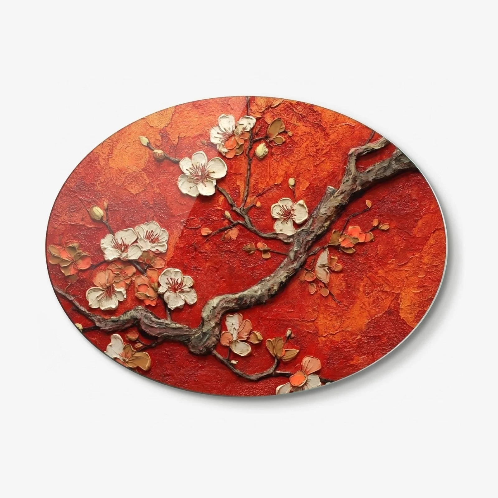 White Blossoms on Red Horizontal Oval Glass Wall Art, front product view on a neutral background