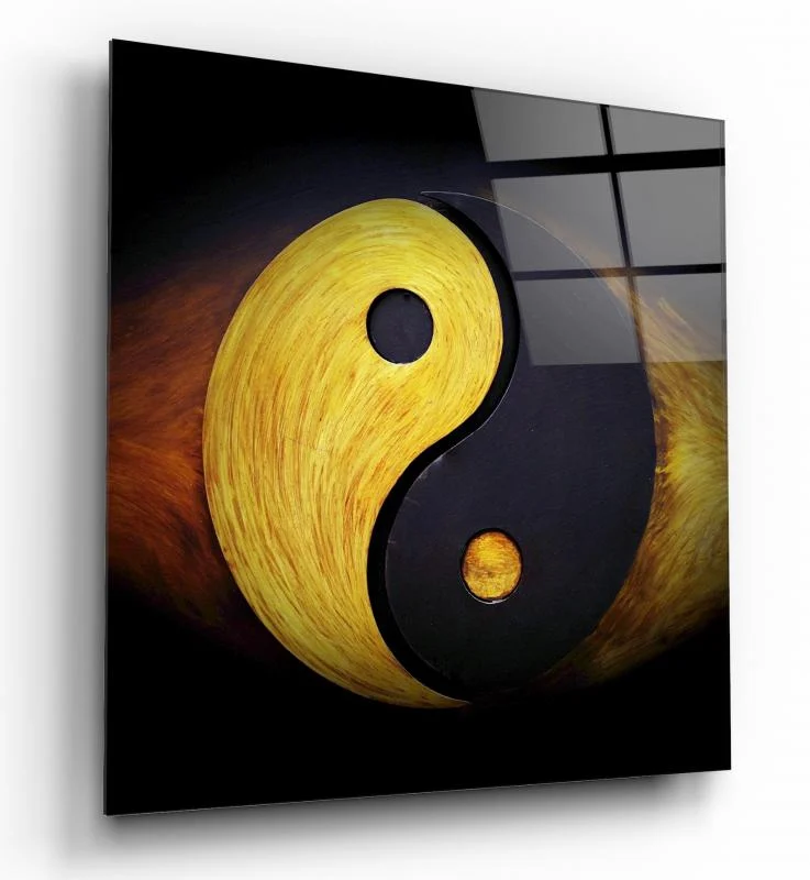 Golden Yin Yang Square Glass Wall Art, front angled view
