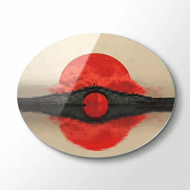Red Sun Bridge Reflection Horizontal Oval Glass Wall Art, front product view on a neutral background