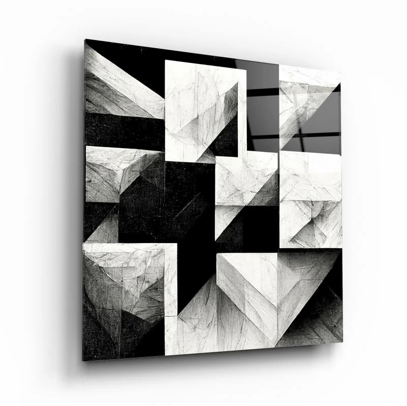 Black and White Cubist Geometry Square Glass Wall Art, front angled view