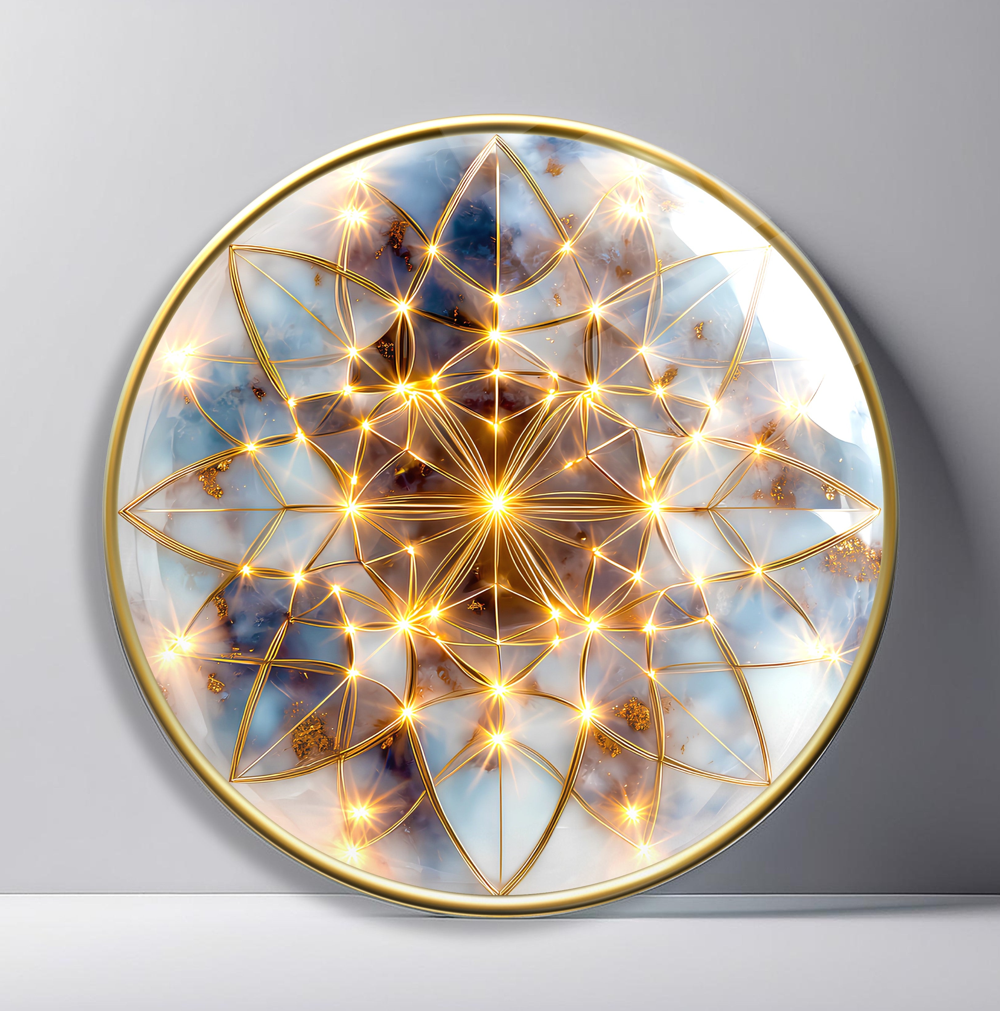 Golden Starlight Geometry Round Glass Wall Art front view, leaning against a neutral wall
