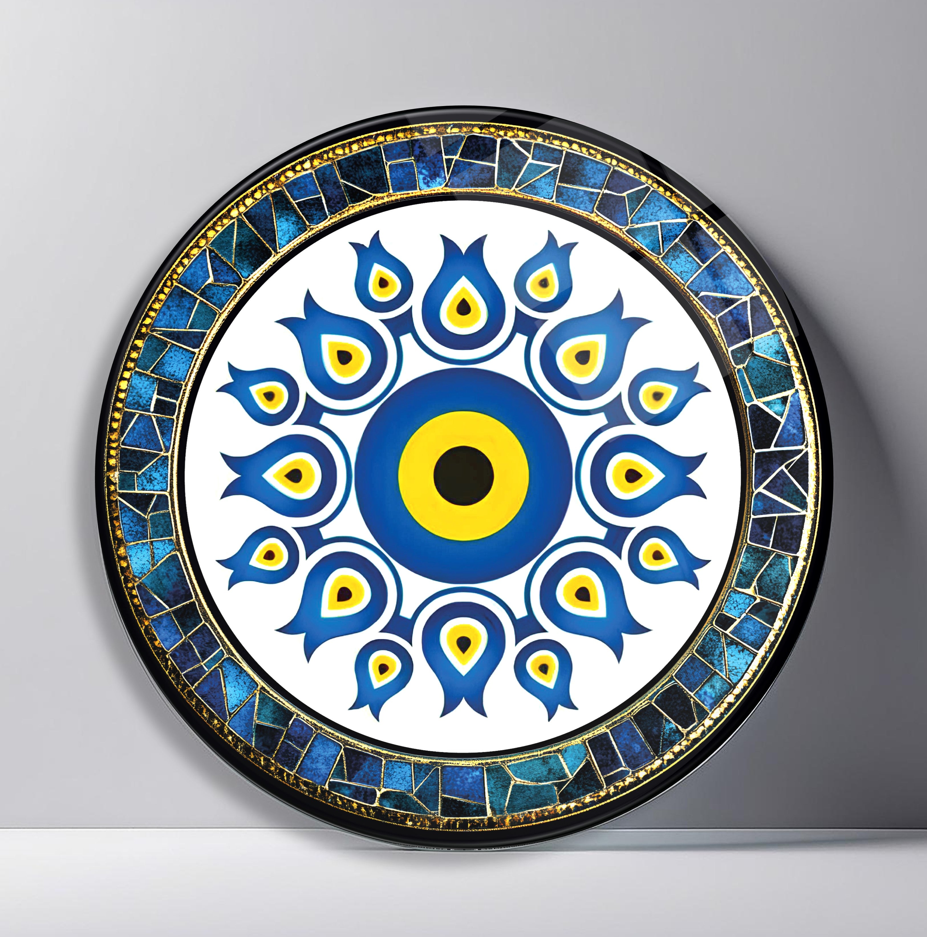 Golden Teardrop Nazar Round Glass Wall Art featuring central protective eye surrounded by a sunburst of blue and gold teardrops
