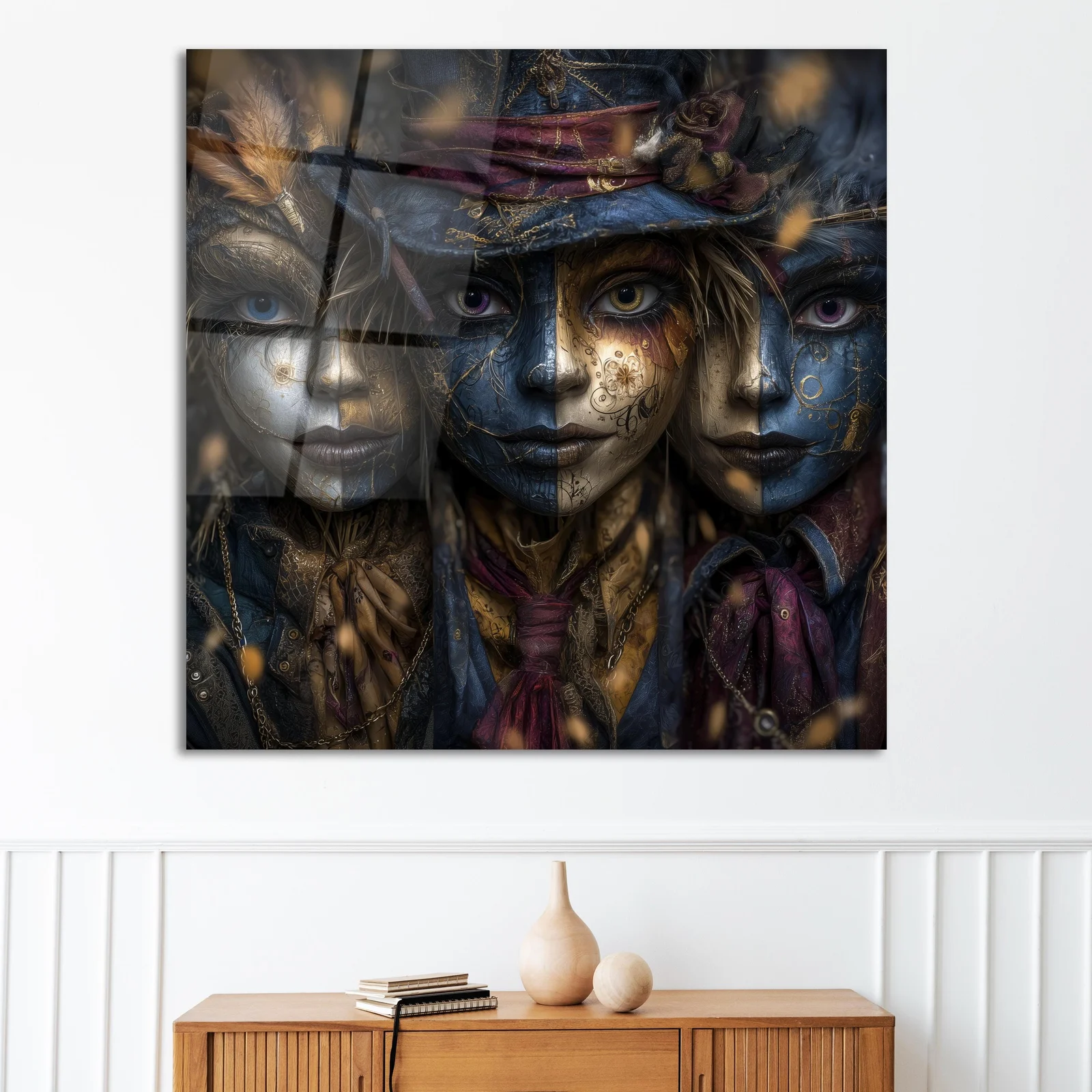 Steampunk masked trio glass wall art styled in a contemporary interior
