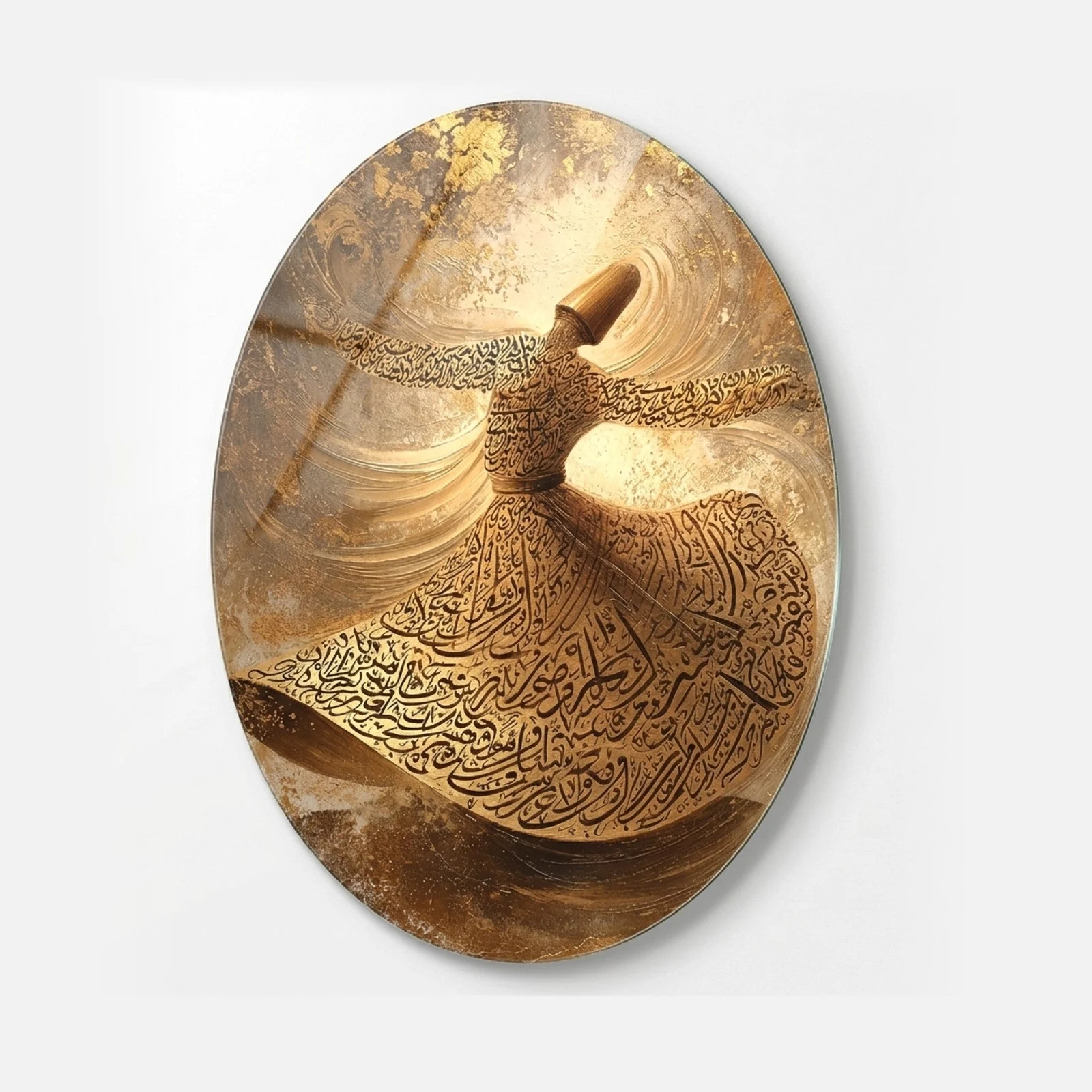 Golden Whirling Dervish Oval Glass Wall Art, front product view on a neutral background
