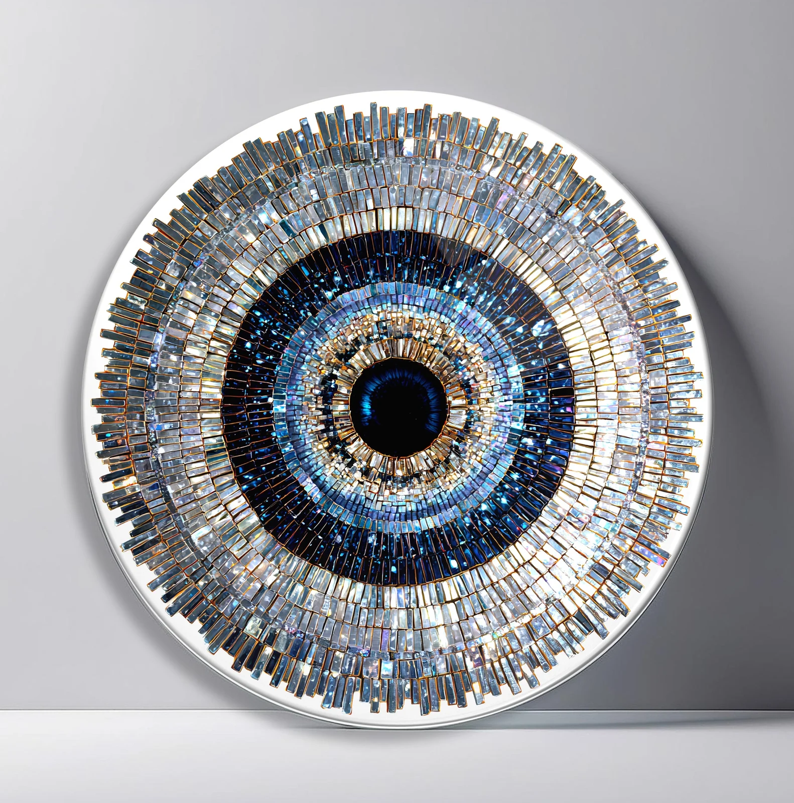 Midnight Silver Orbit Round Glass Wall Art featuring fine silver and blue mosaic bars circling a midnight center