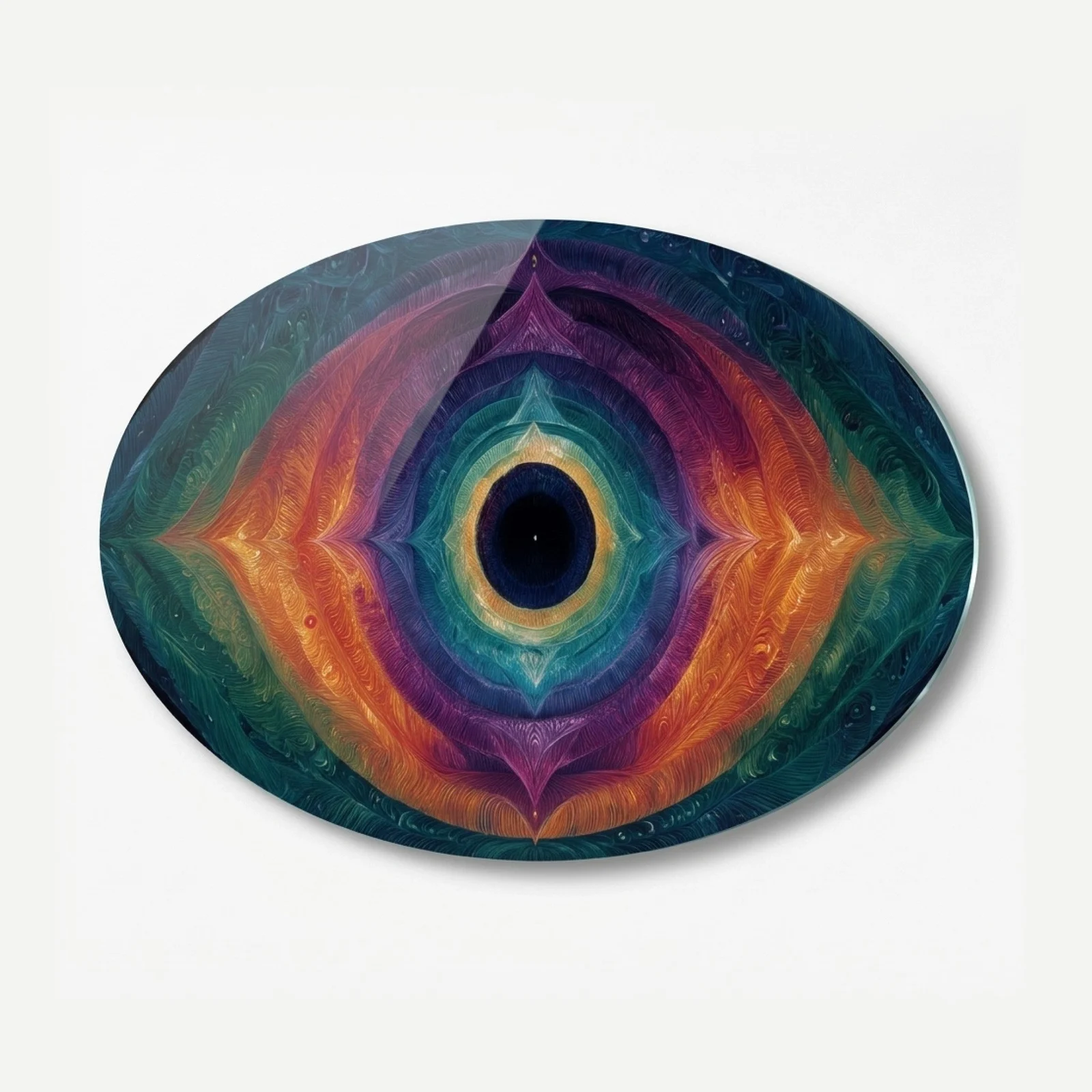 Rainbow Abstract Eye Horizontal Oval Glass Wall Art, front product view on a neutral background