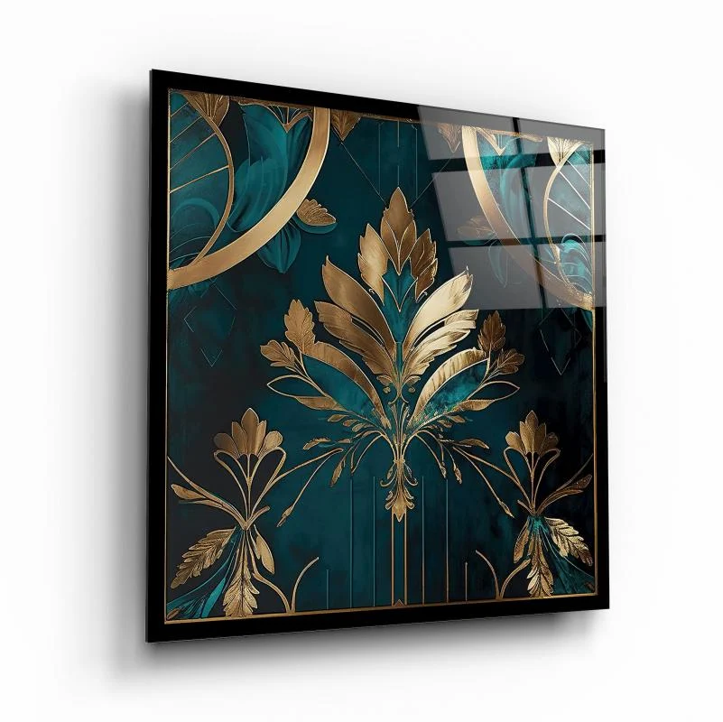 Teal Botanical Art Deco Square Glass Wall Art, front angled view