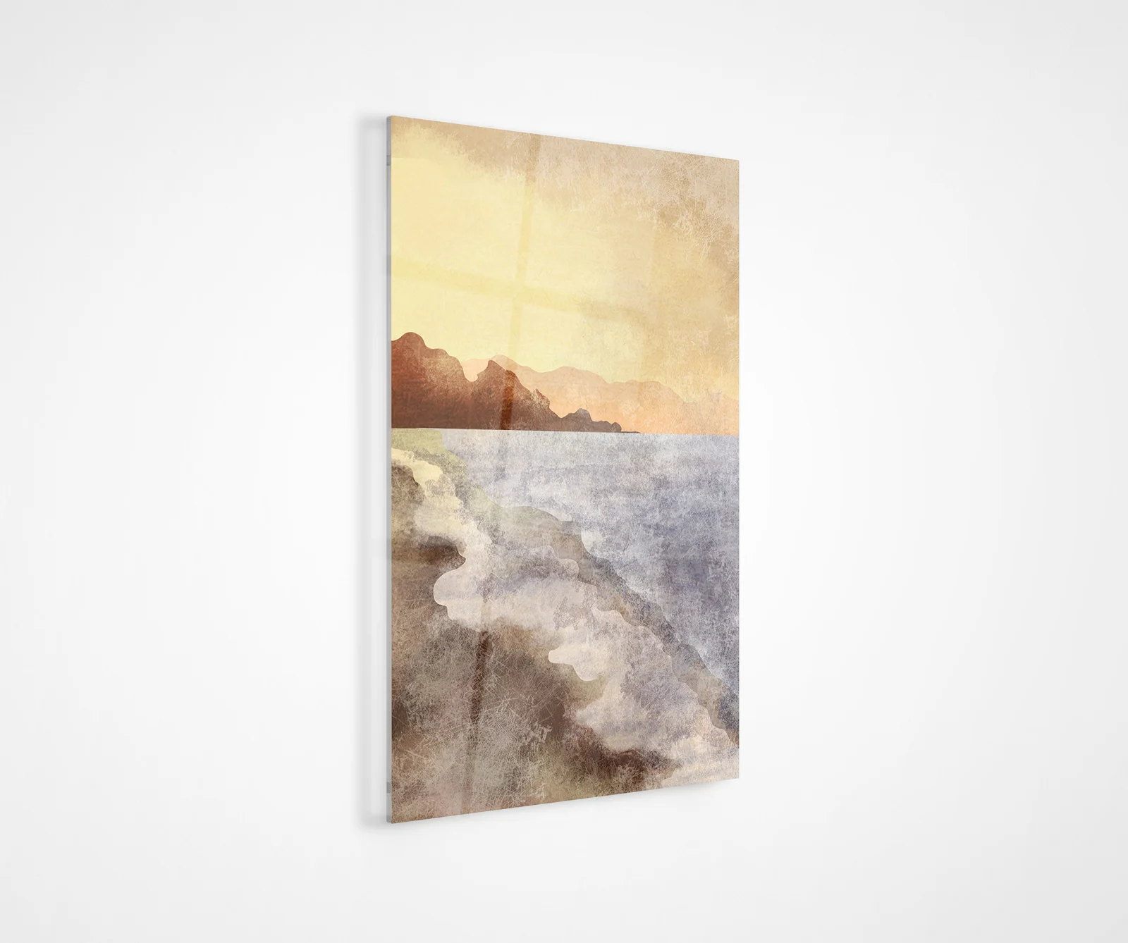 Minimalist watercolor coast glass wall art styled in a contemporary interior