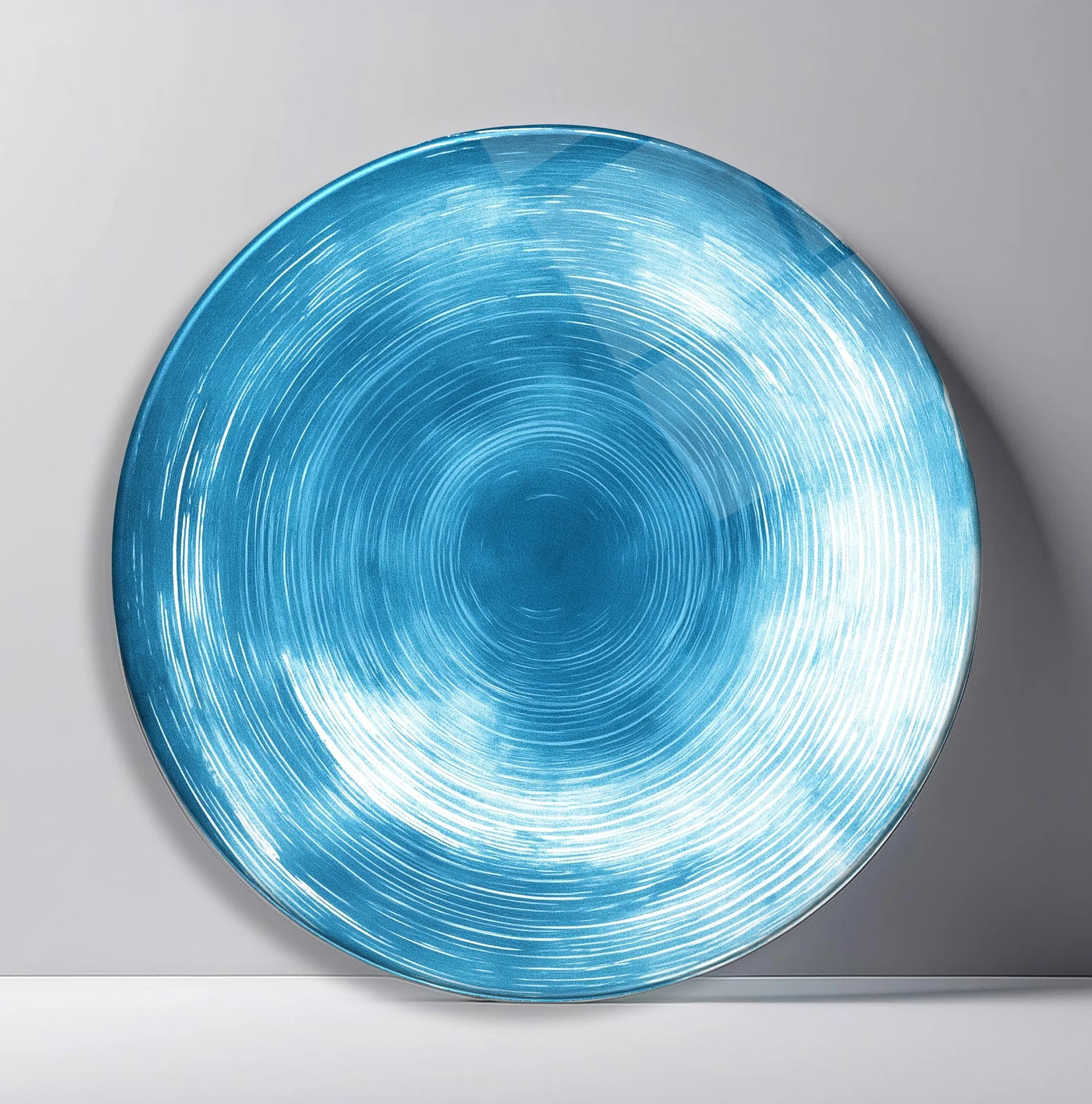 Aqua Brushed Orbit Round Glass Wall Art featuring soft circular brush texture flowing through luminous aqua gradients