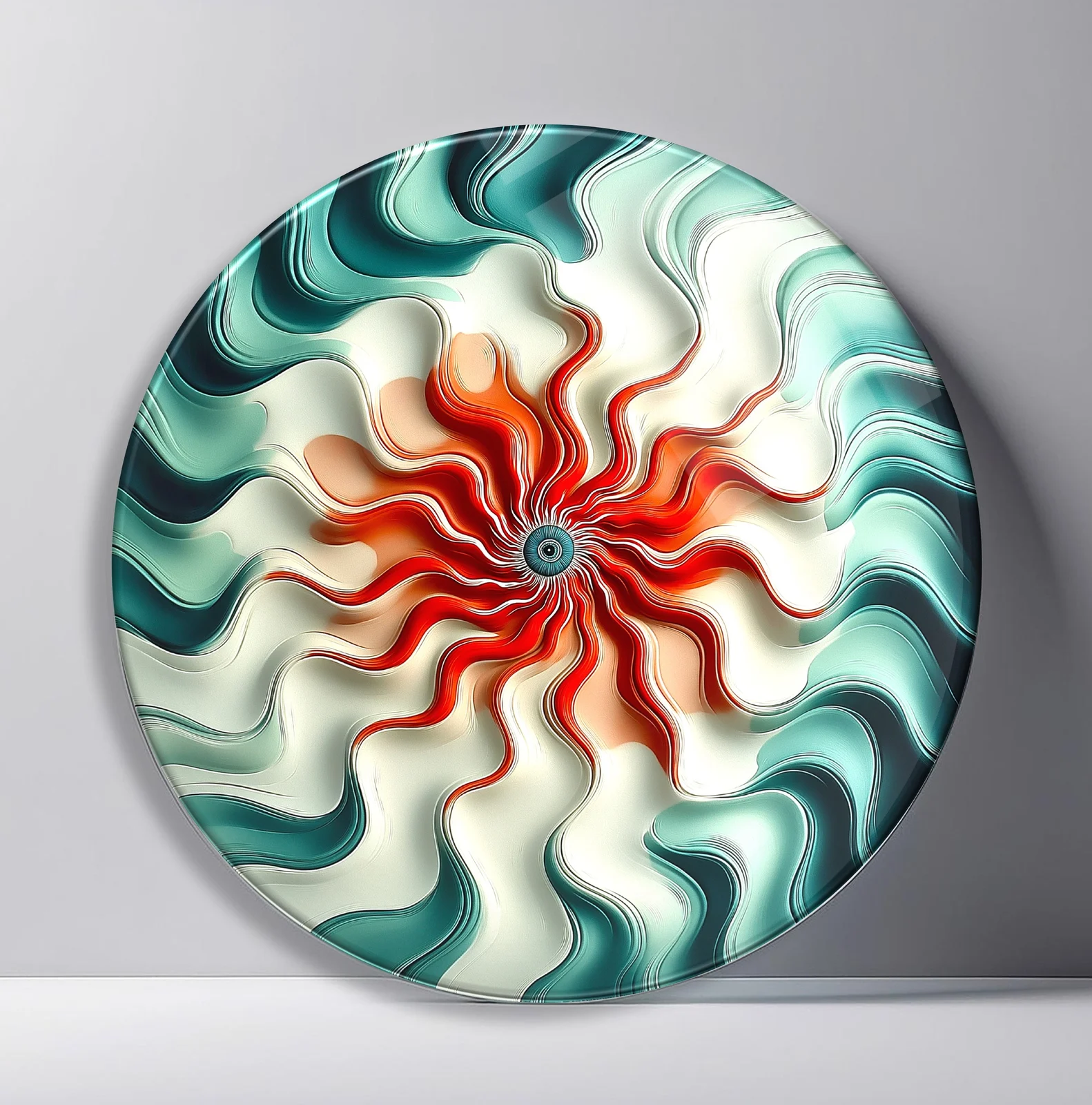Teal Coral Wave Bloom Round Glass Wall Art featuring wavy teal and white bands circling a vivid coral flower-like center