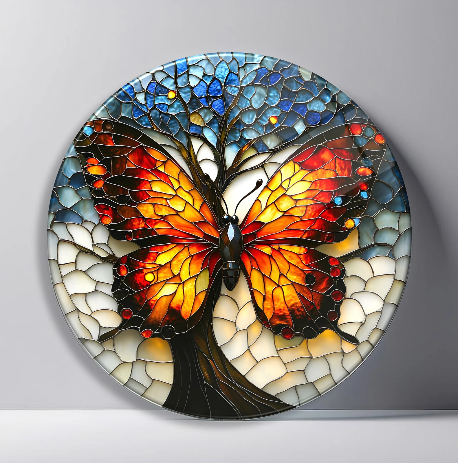 Monarch Butterfly Tree Round Glass Wall Art featuring large orange butterfly forming the crown of a branching tree