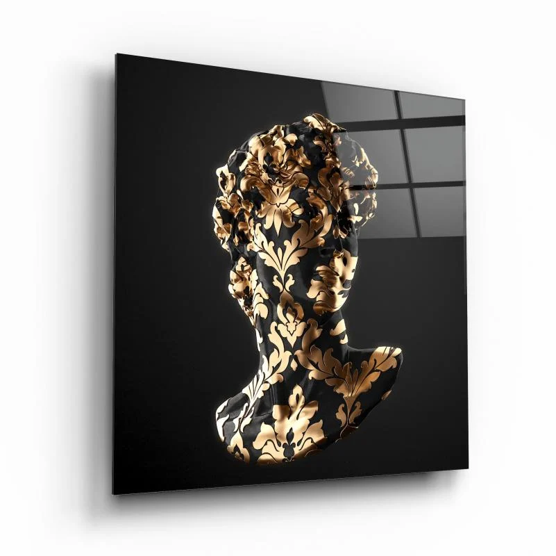 Golden Floral Woman Silhouette Square Glass Wall Art, front angled view