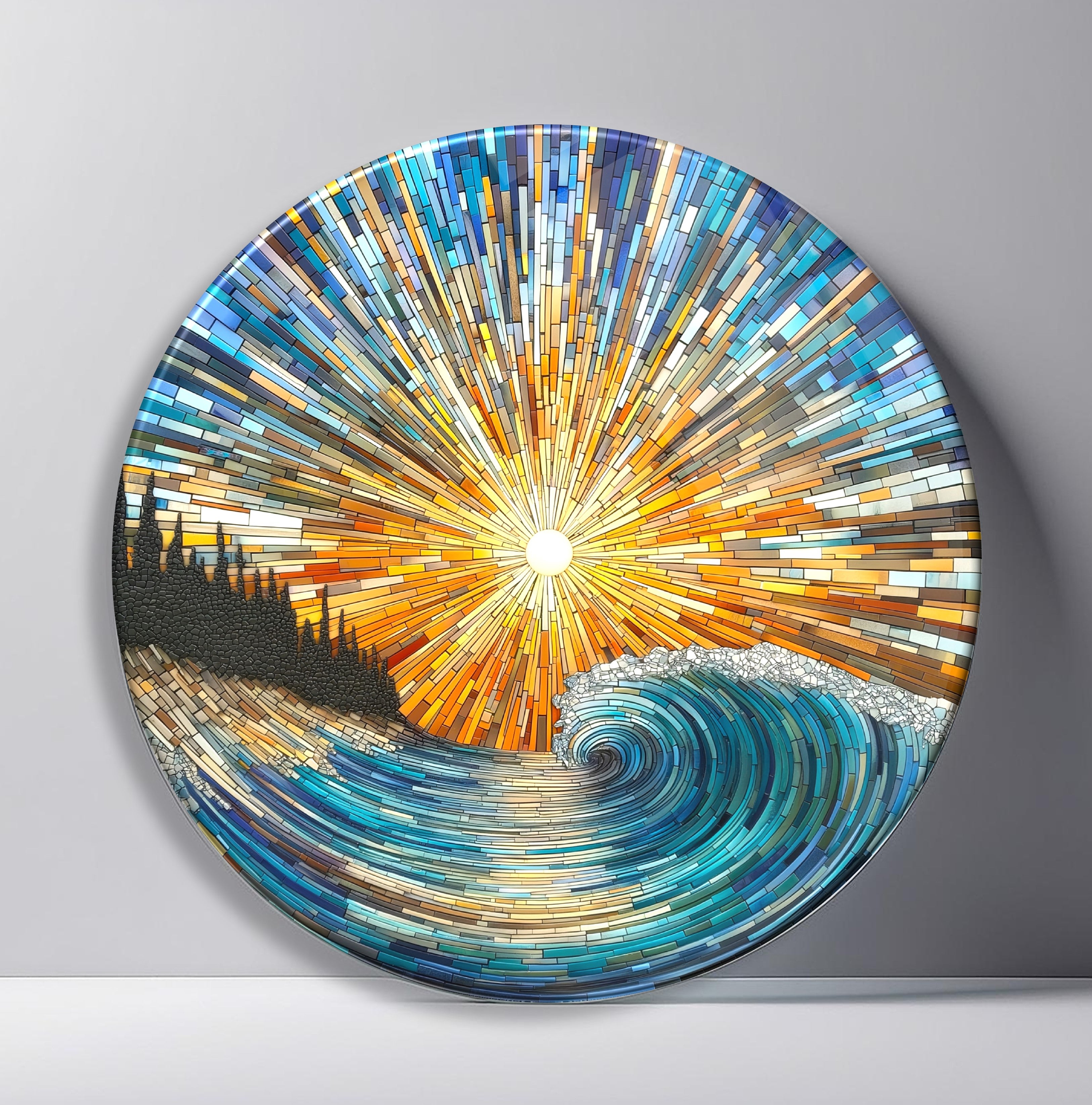 Sunrise Wave Mosaic Round Glass Wall Art front view, leaning against a neutral wall