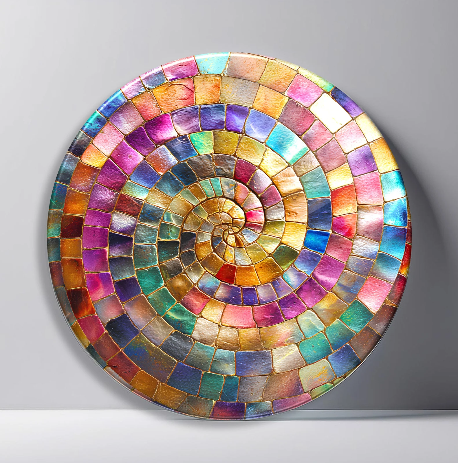Rainbow Spiral Tile Round Glass Wall Art featuring multicolor square tiles curling into a compact spiral
