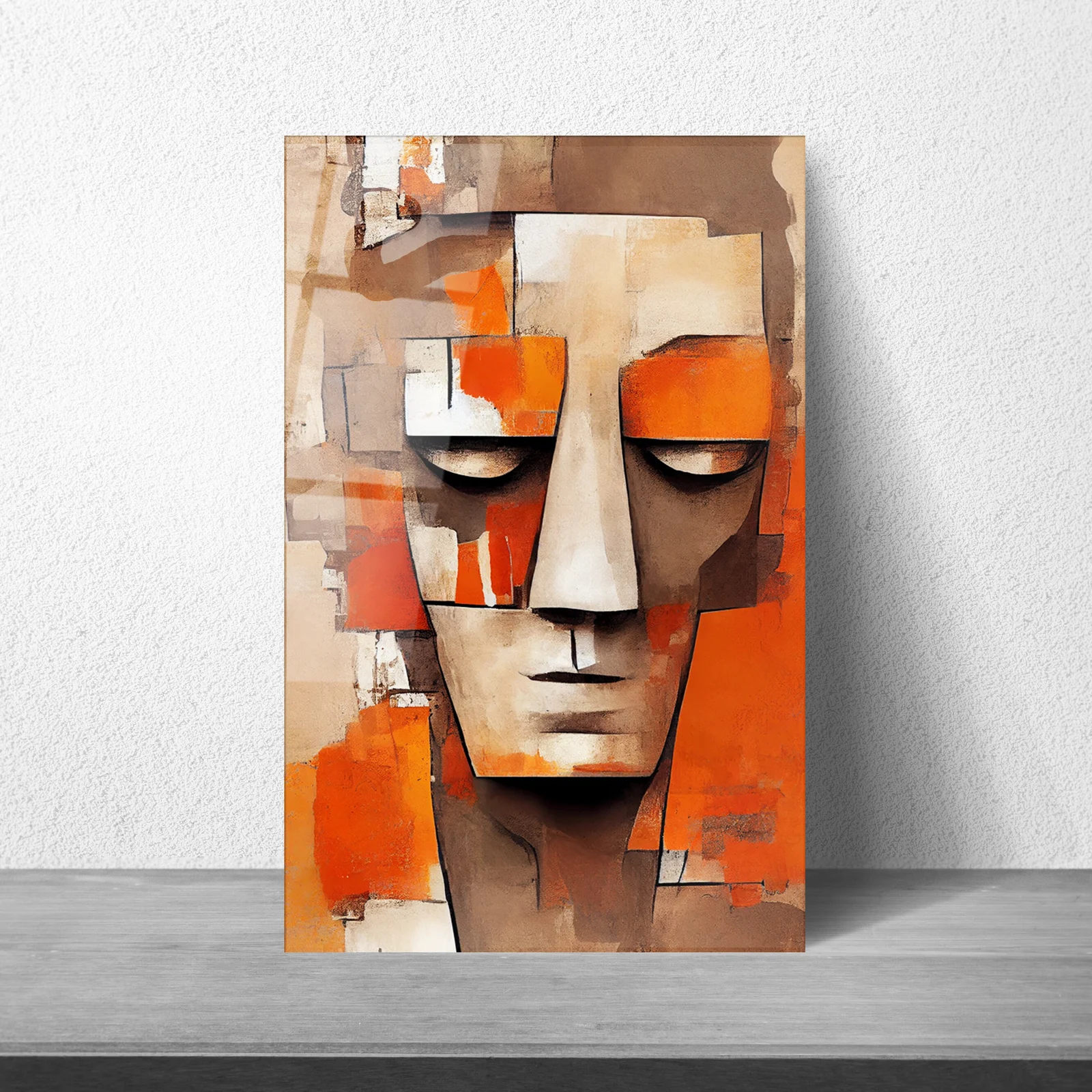 Cubist orange face glass wall art as a statement piece in a hallway