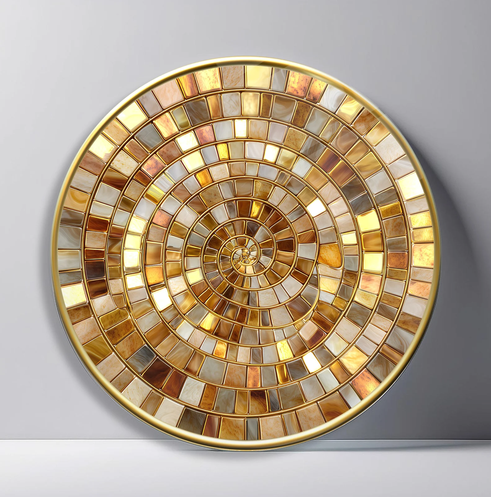 Amber Grid Spiral Round Glass Wall Art featuring warm square glass tiles arranged in a disciplined circular spiral