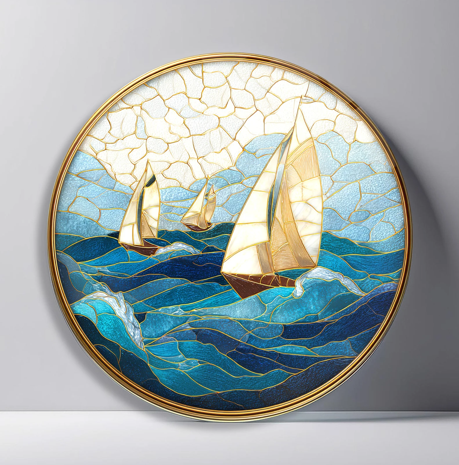 Sailing Fleet on Deep Blue Waves Round Glass Wall Art featuring three pale sailboats crossing rolling ocean swells