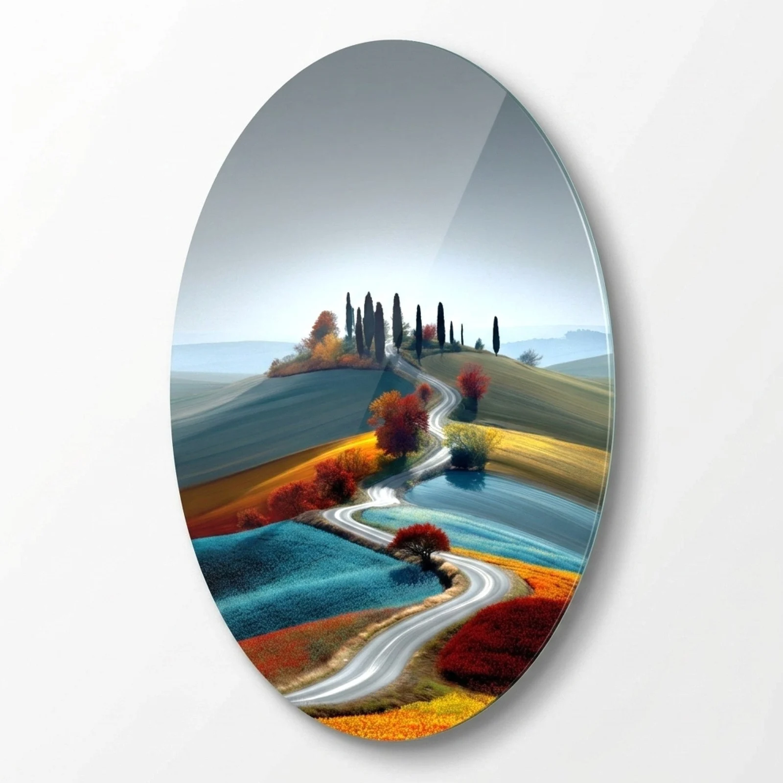Tuscan Hills and Winding Road Oval Glass Wall Art, front product view on a neutral background