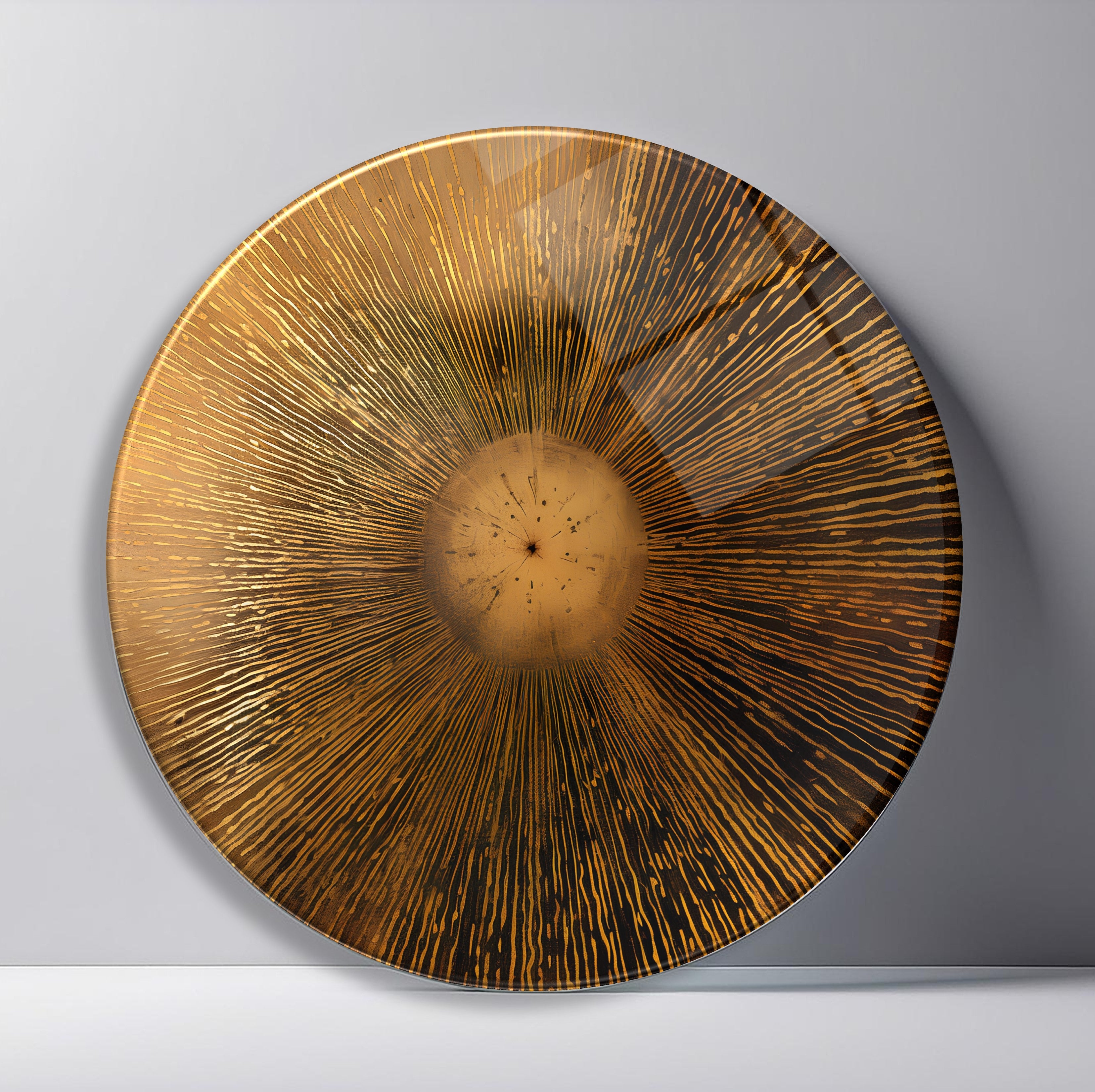 Antique Golden Solar Burst Round Glass Wall Art featuring aged metallic rays spreading from a weathered circular center
