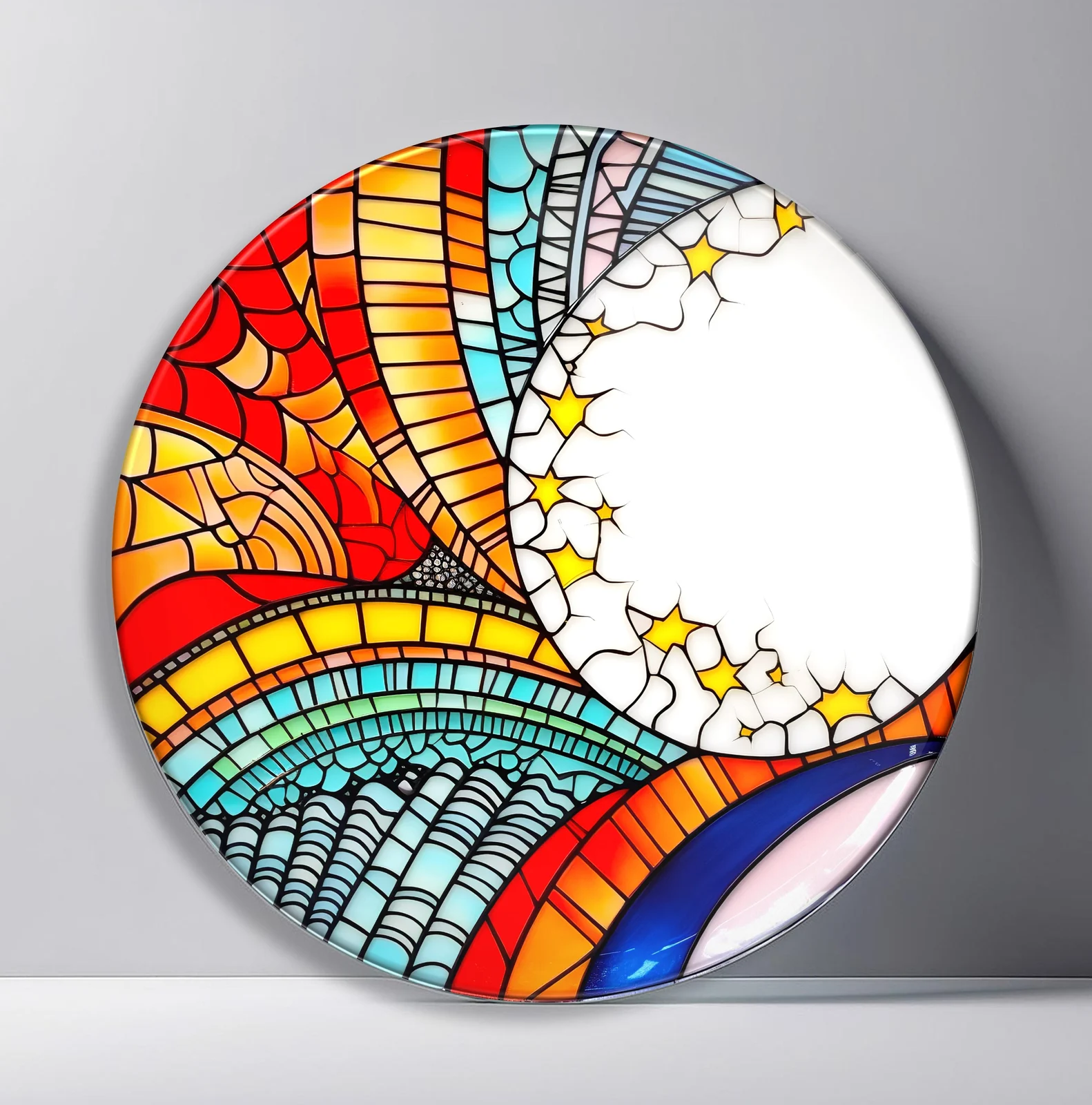 Rainbow Mosaic Cascade Round Glass Wall Art featuring layered geometric ribbons and stars flowing across an open white field