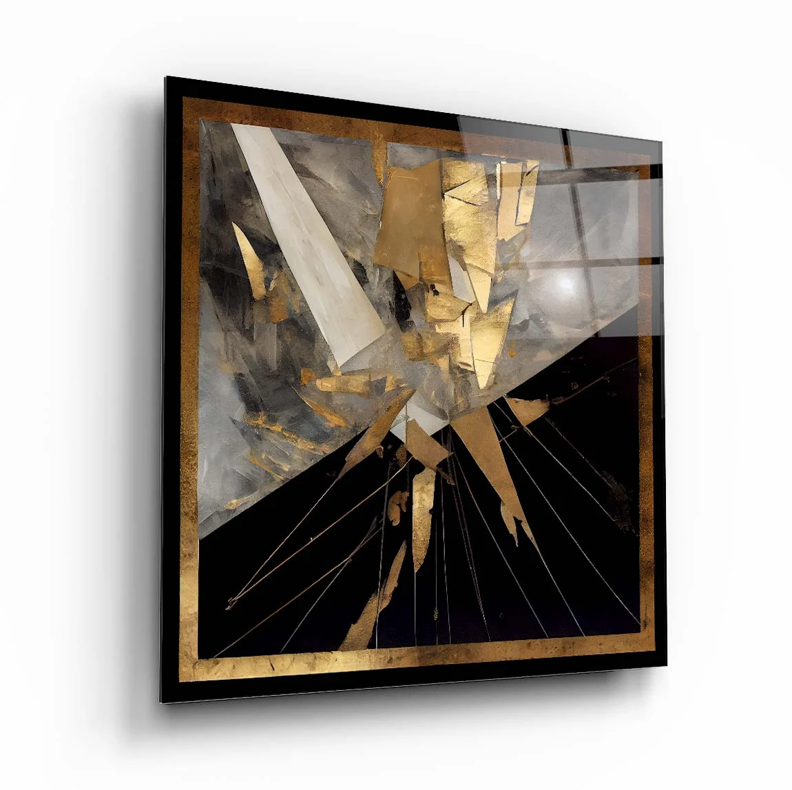 Black Gold Crystal Abstraction Square Glass Wall Art, front angled view